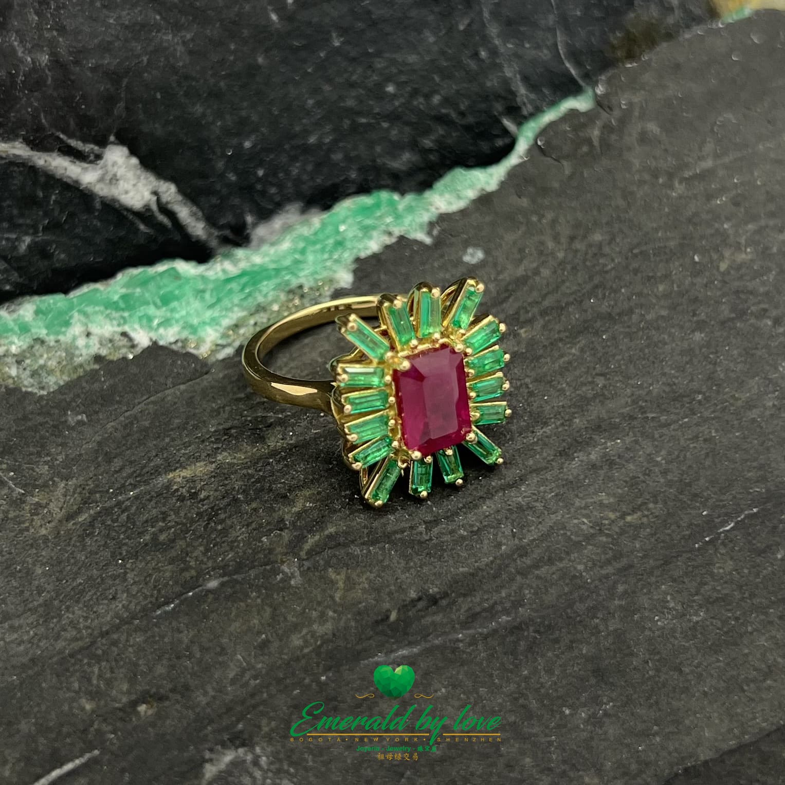 Yellow Gold Emerald-Cut Ruby Ring with Baguette Emerald Accents