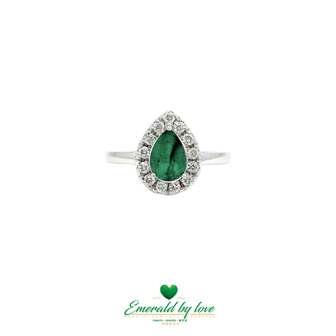 White Gold Tear-Shaped Marquise Emerald Ring with Diamond Halo