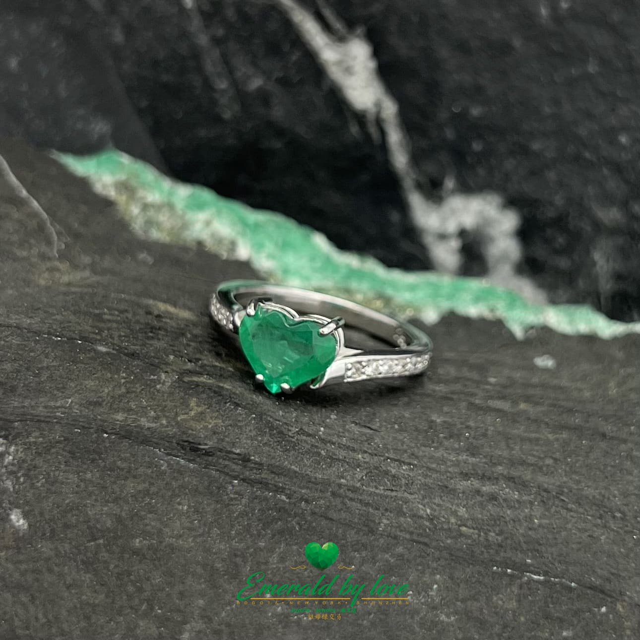 Heart-Shaped Emerald Ring with Diamond Accents in White Gold