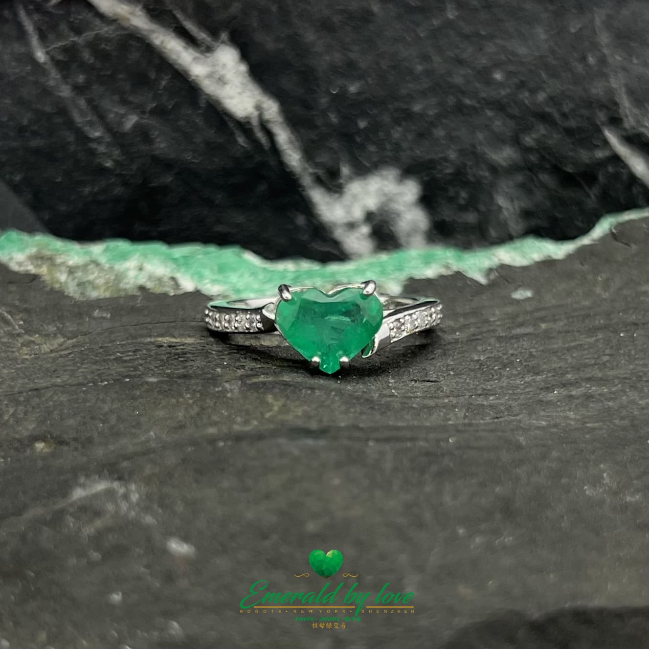 Heart-Shaped Emerald Ring with Diamond Accents in White Gold