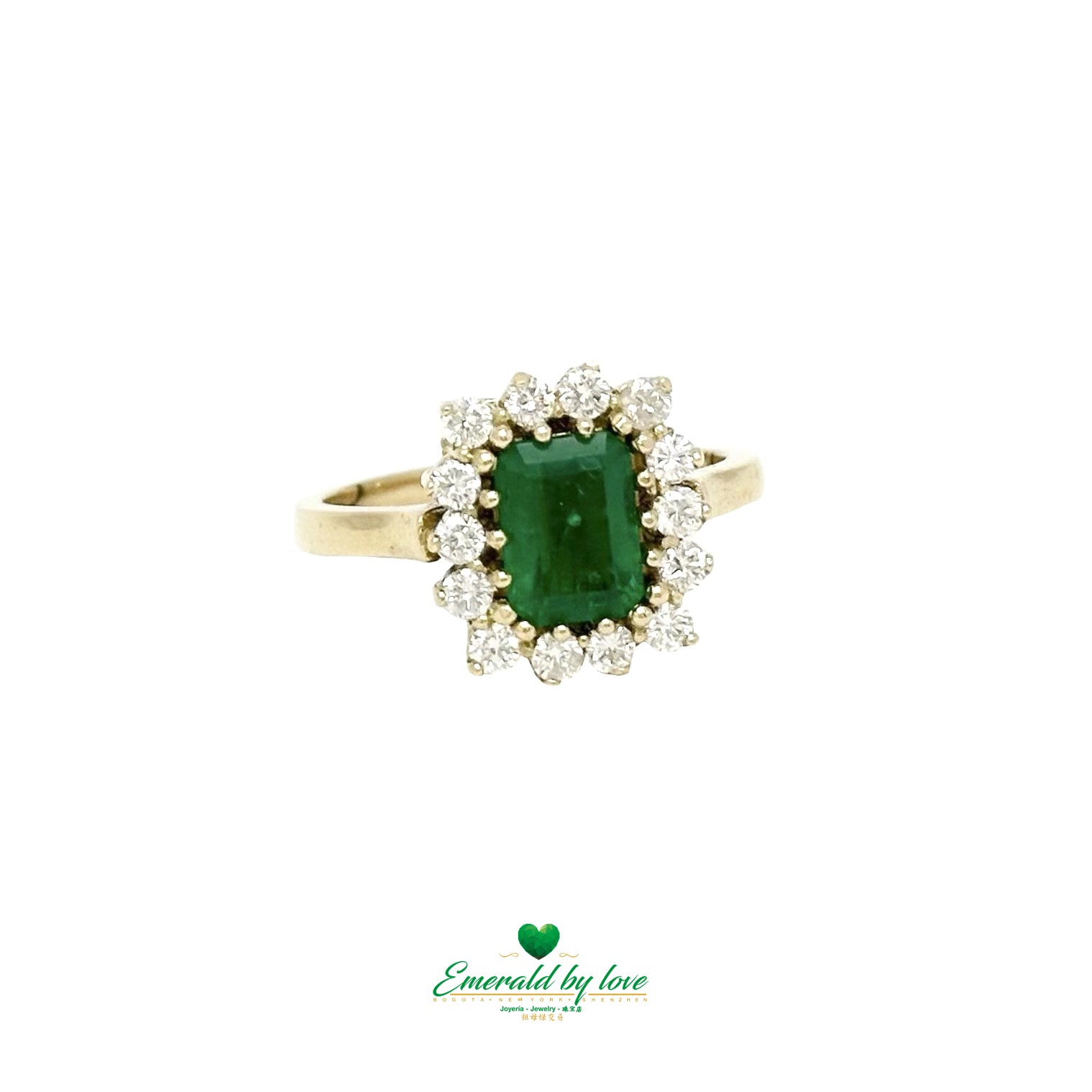 Opulent Luxury Yellow Gold Marquise Ring with Central Colombian Emerald and Diamond Halo