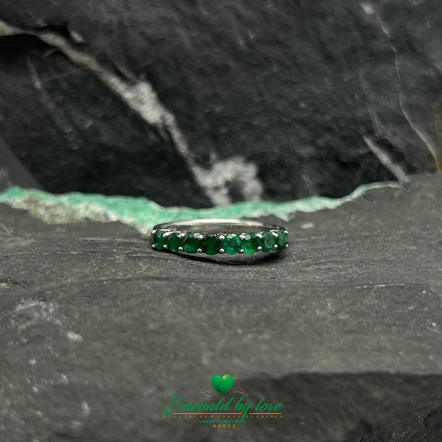 Round Emerald Band in White Gold