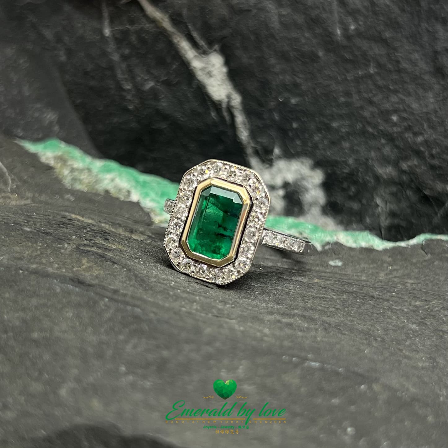 Rectangular Emerald Bezel Set Ring with Diamond Halo in White Gold