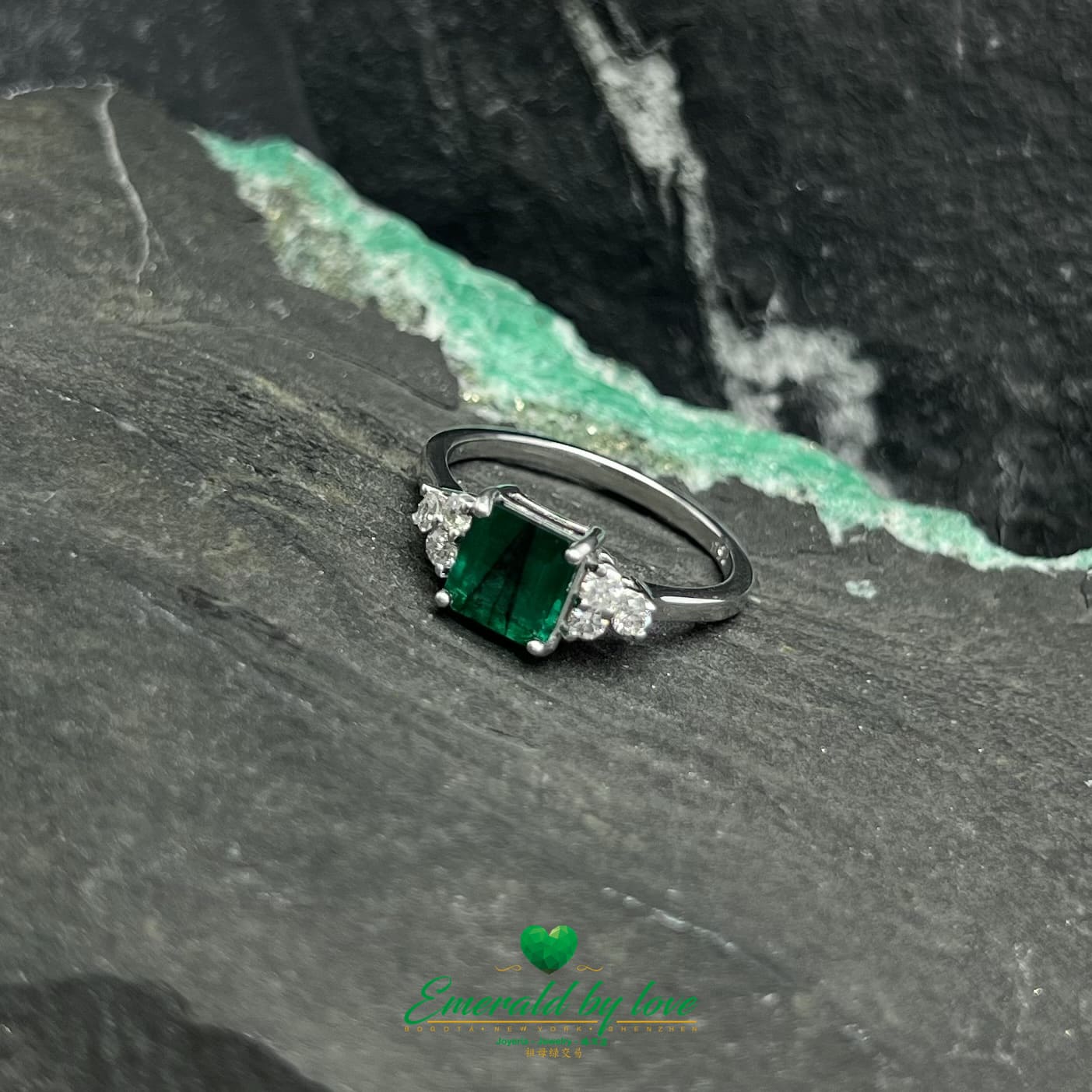 Dark Green Square Emerald Ring with Diamond Accents in White Gold