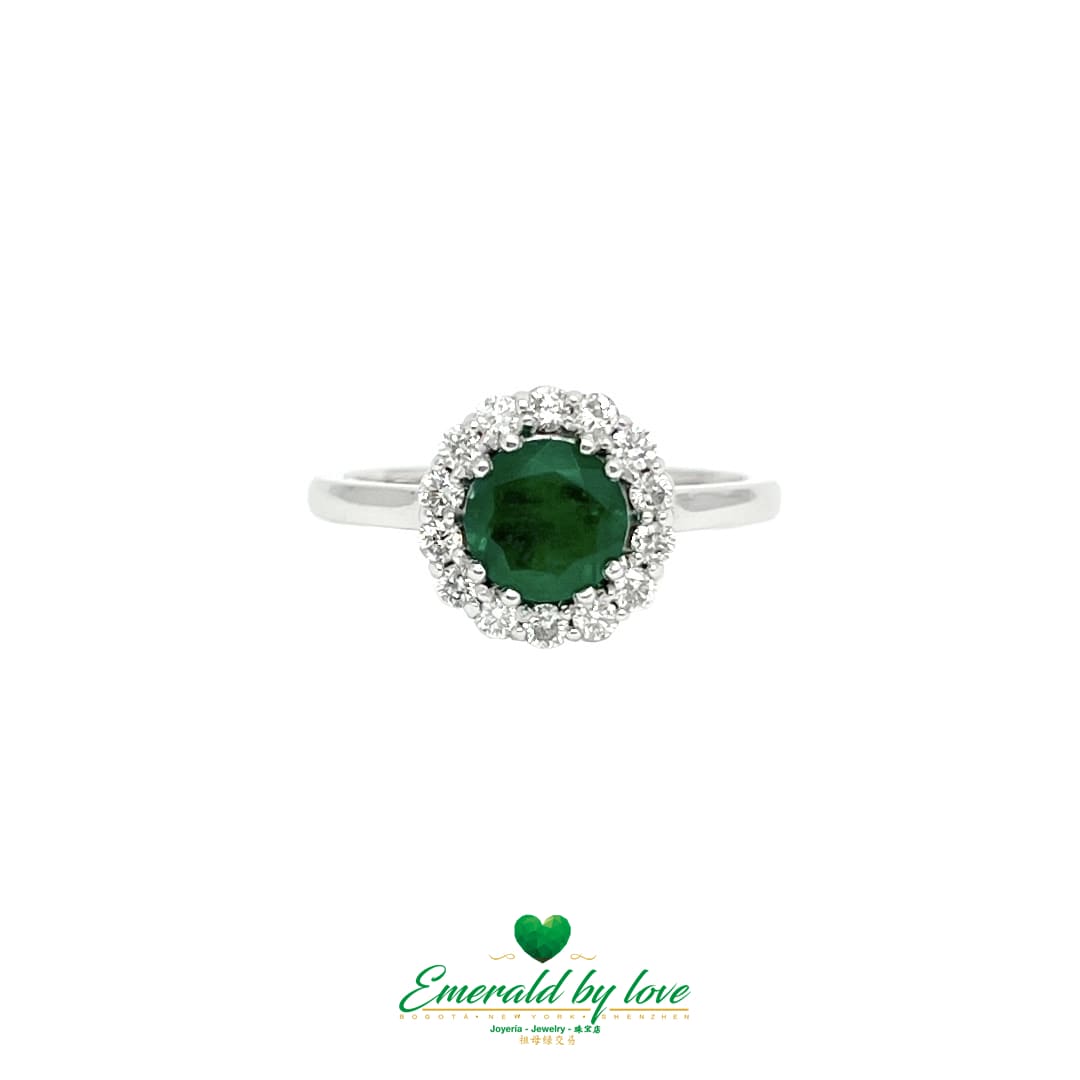 White Gold Marquise Emerald Ring with Round Dark Green Emerald and Diamond Surround