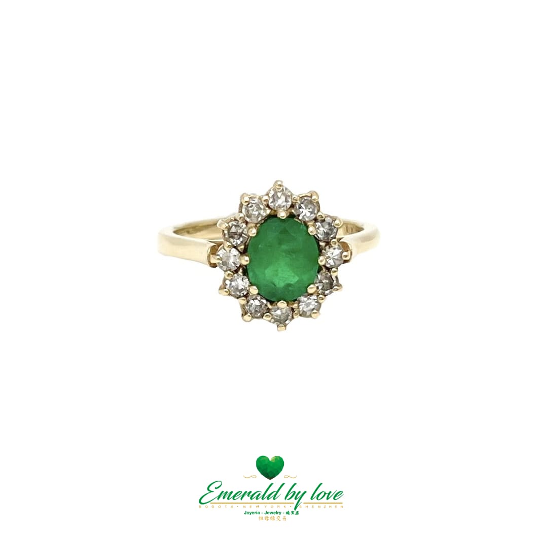 Majestic Blossom: Yellow Gold Marquise Flower Ring with Oval Emerald and Diamond Halo