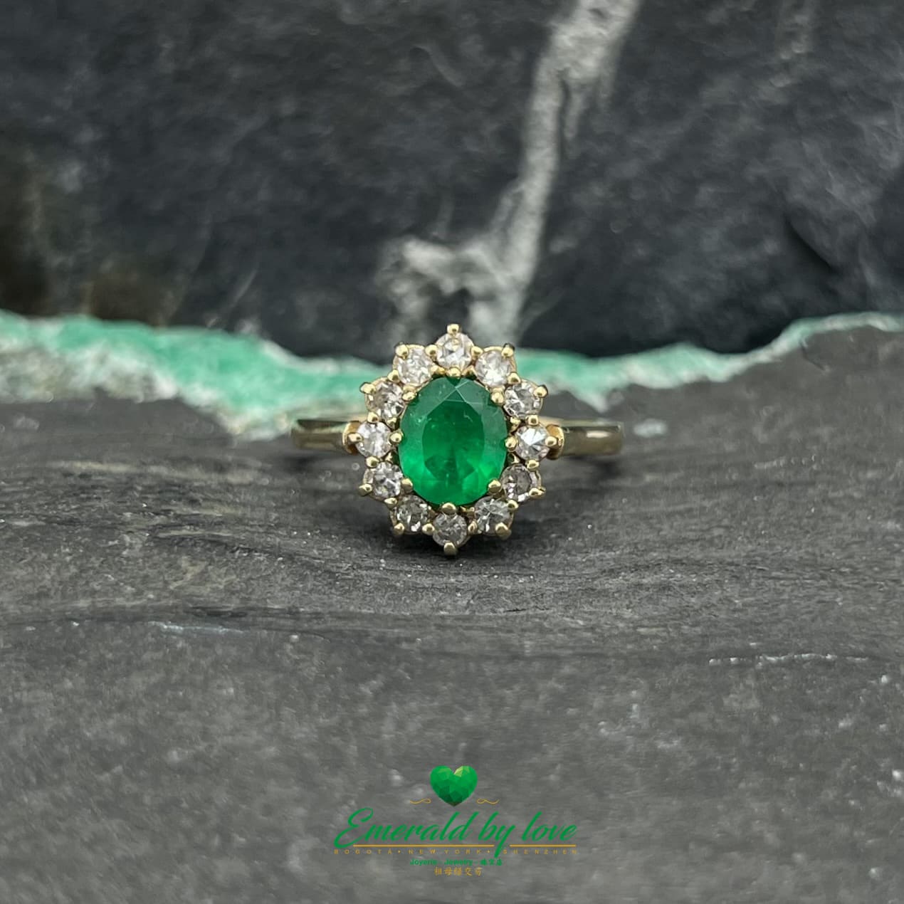 Majestic Blossom: Yellow Gold Marquise Flower Ring with Oval Emerald and Diamond Halo