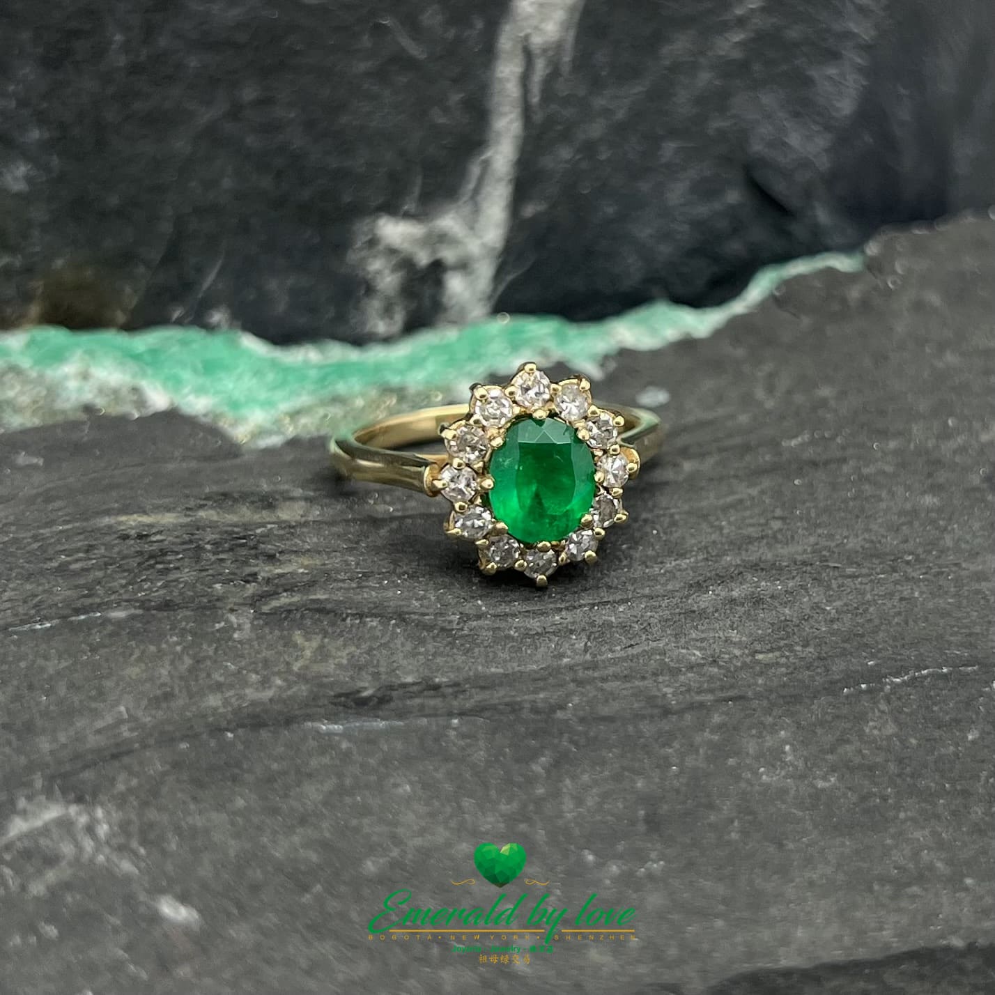 Majestic Blossom: Yellow Gold Marquise Flower Ring with Oval Emerald and Diamond Halo