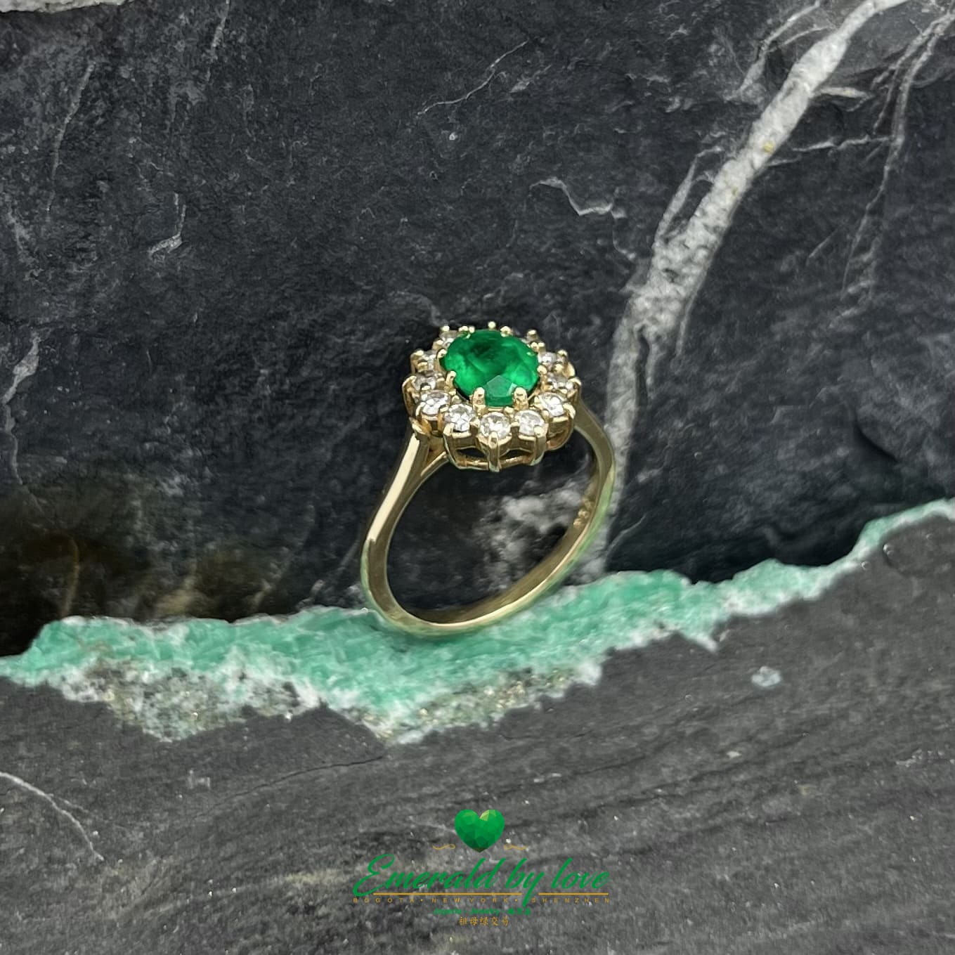 Majestic Blossom: Yellow Gold Marquise Flower Ring with Oval Emerald and Diamond Halo