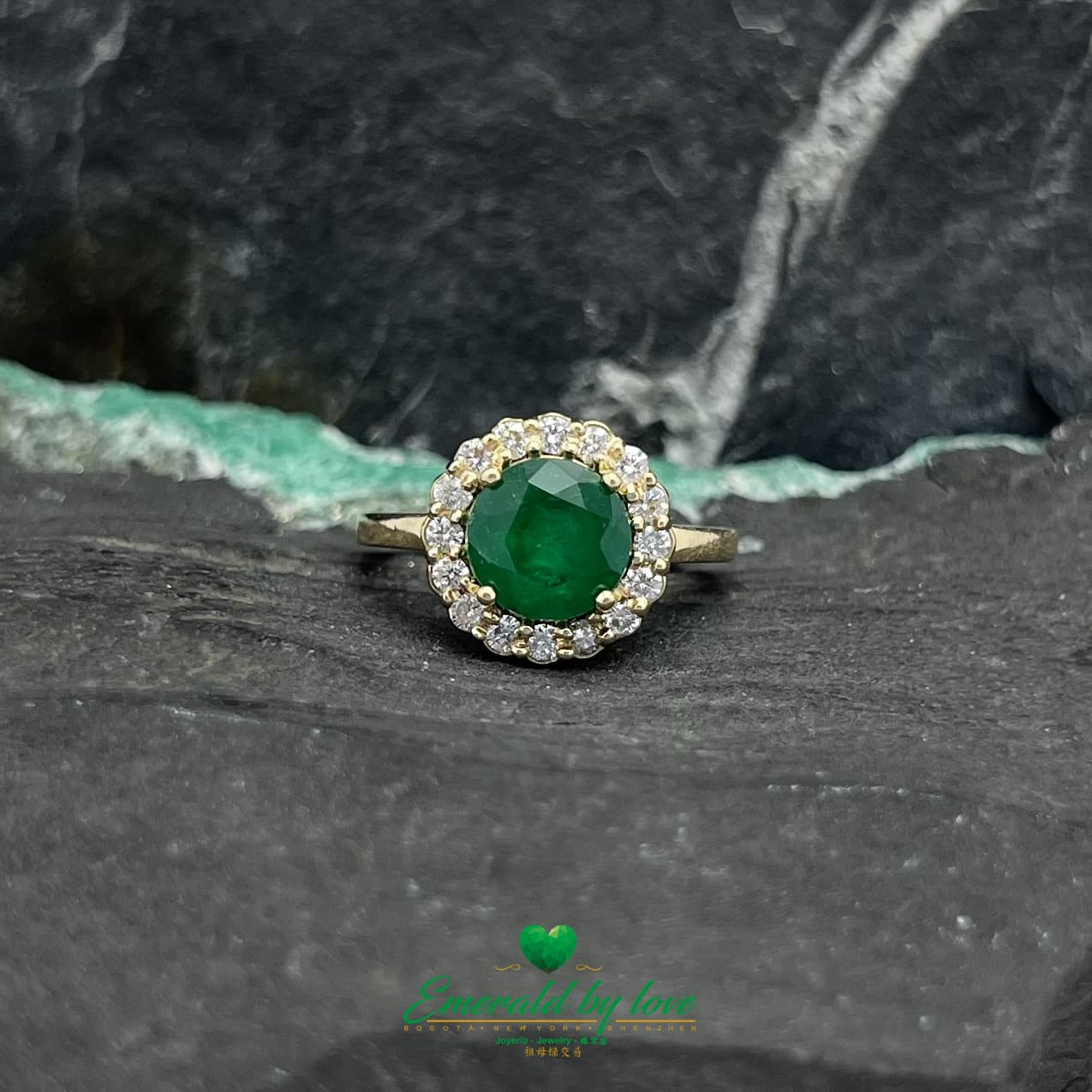 Gold Marquise Ring with Round Emerald Center and Diamond Halo