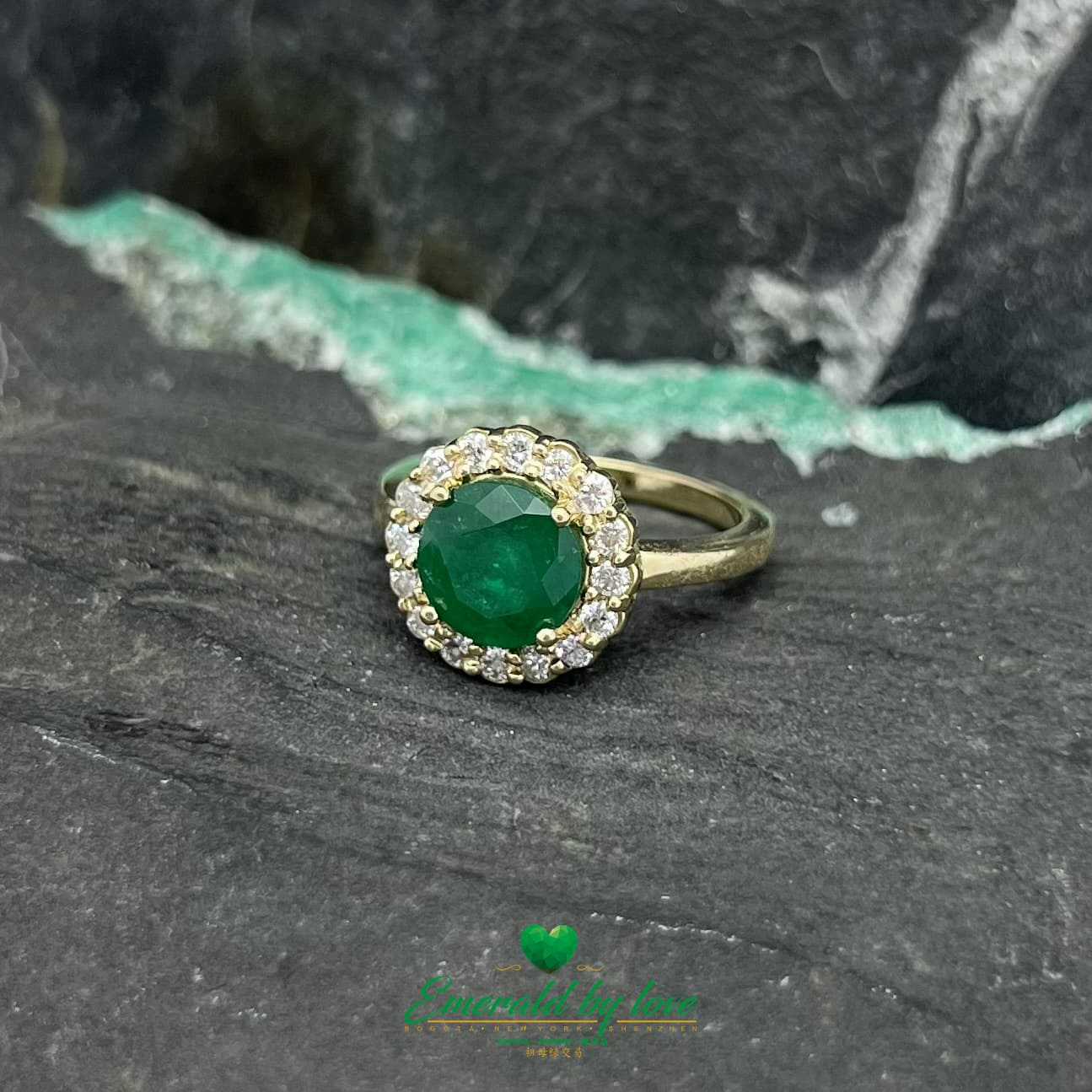 Gold Marquise Ring with Round Emerald Center and Diamond Halo