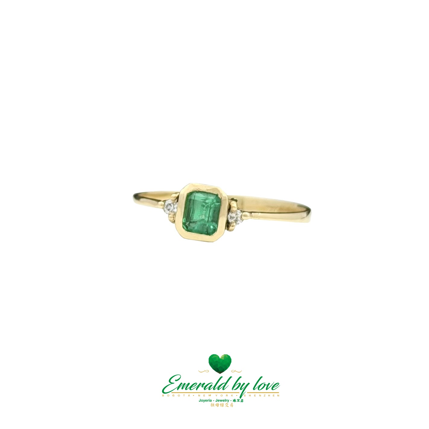 Yellow Gold Ring with Bezel-Set Emerald and Side Diamonds
