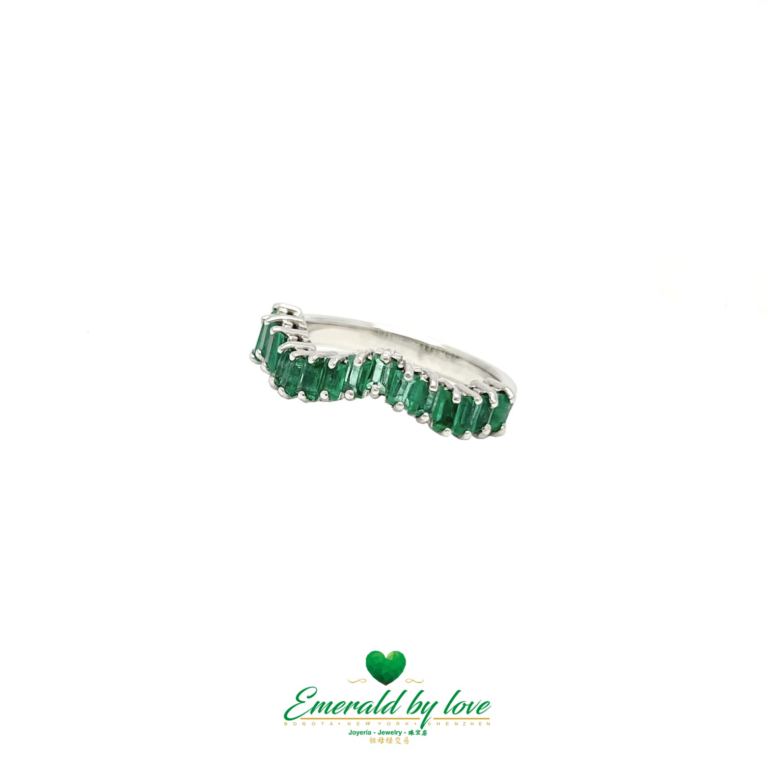 Yellow, Rose and White Gold Ring with Baguette Emeralds Encircling the Band