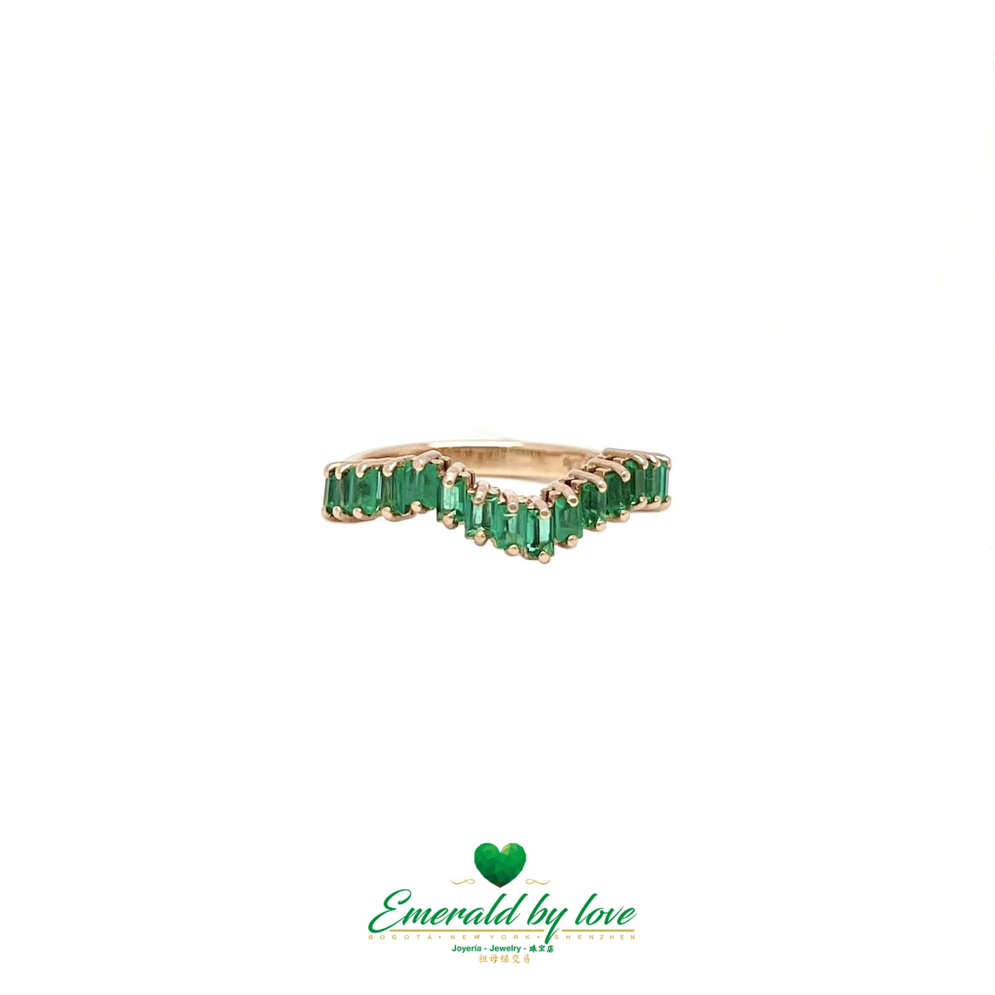 Yellow, Rose and White Gold Ring with Baguette Emeralds Encircling the Band