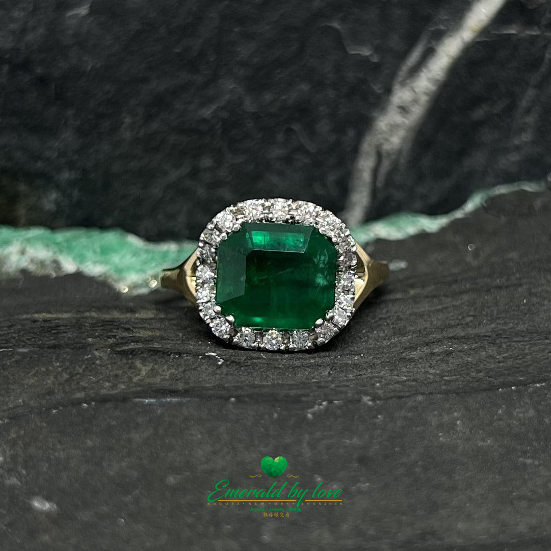 Two-Tone Gold Ring with Emerald Cut Emerald Center Surrounded by Diamonds