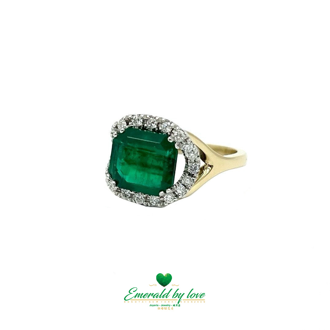 Two-Tone Gold Ring with Emerald Cut Emerald Center Surrounded by Diamonds