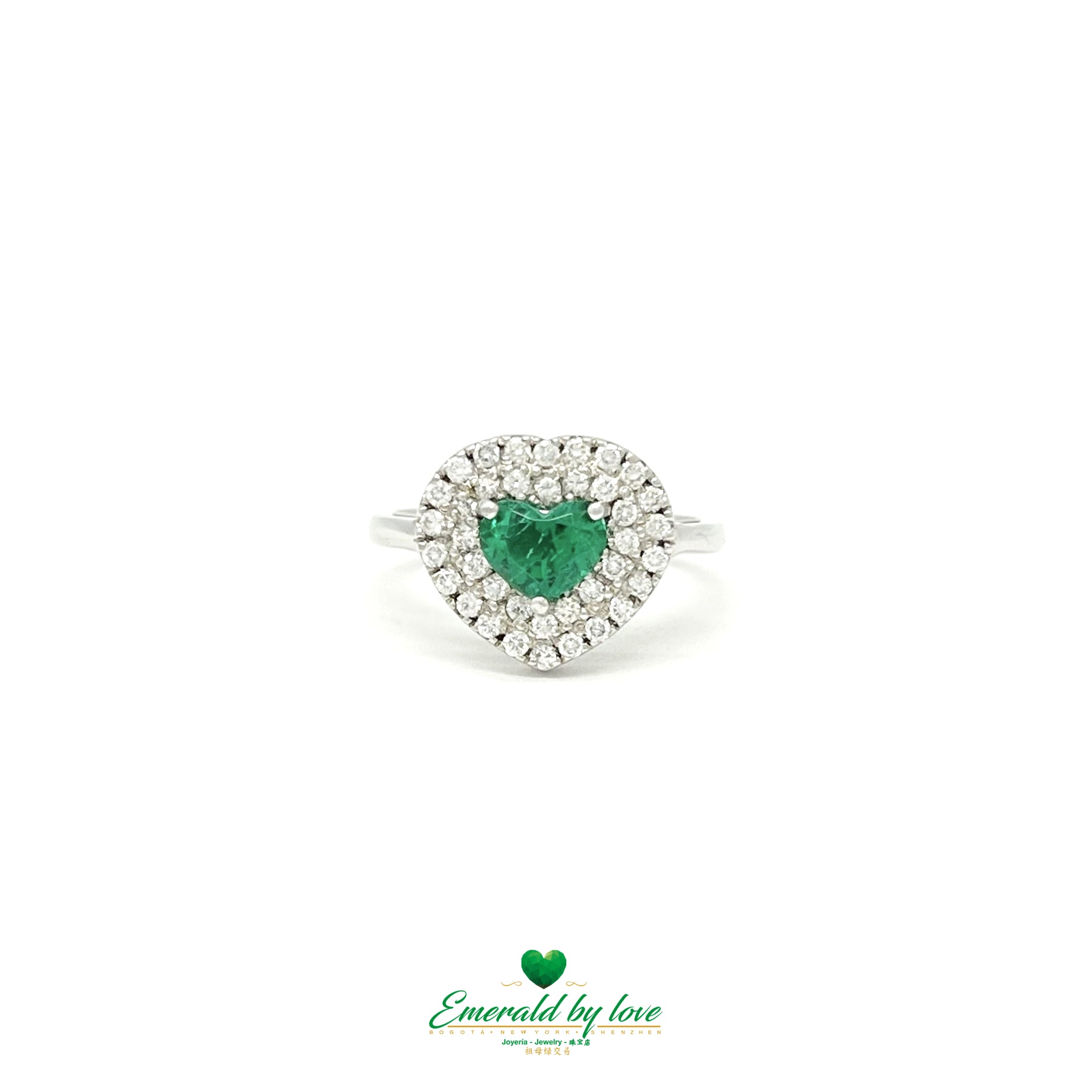 White Gold Cluster Ring with Heart-Shaped Emerald and Diamond Rows