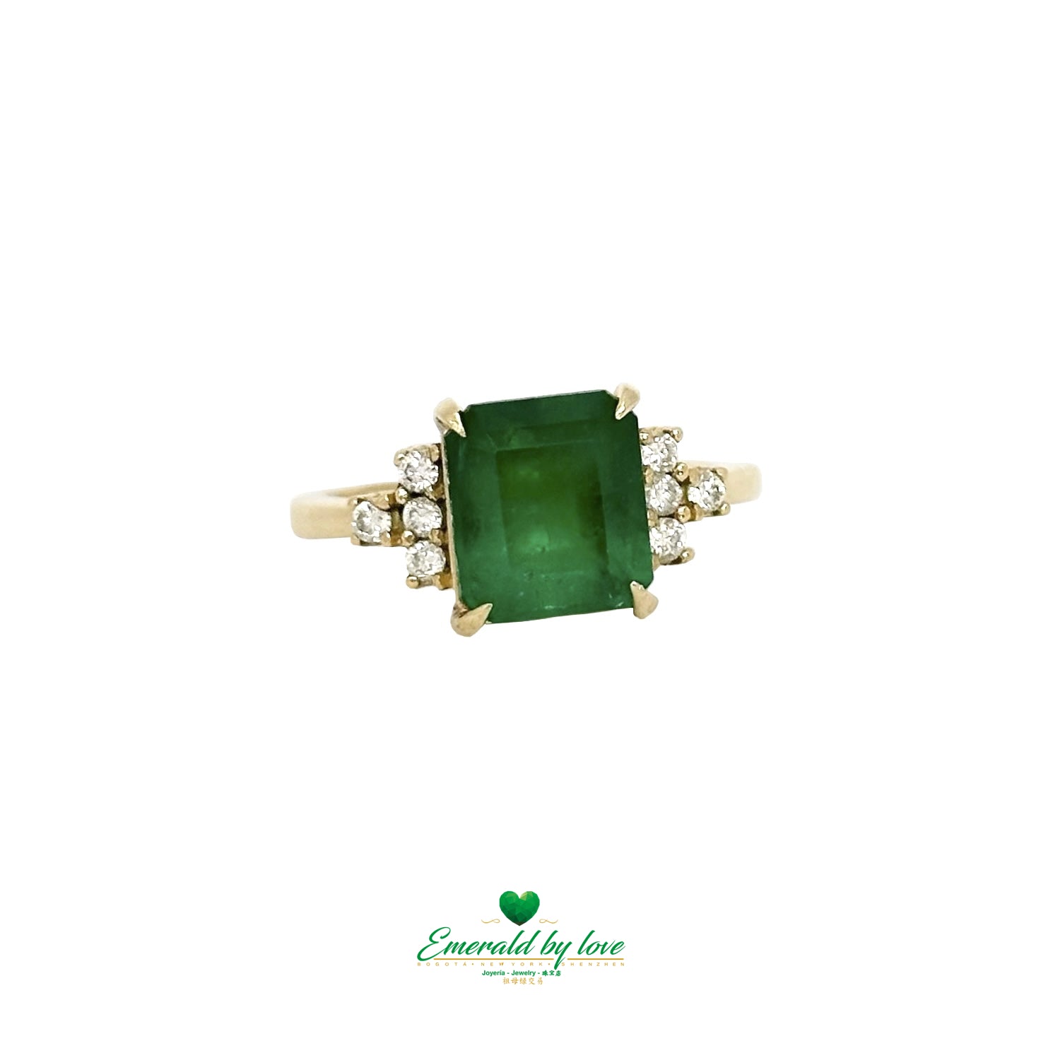 Majestic Yellow Gold Ring with 3.4 ct Square Emerald and Diamond Accents