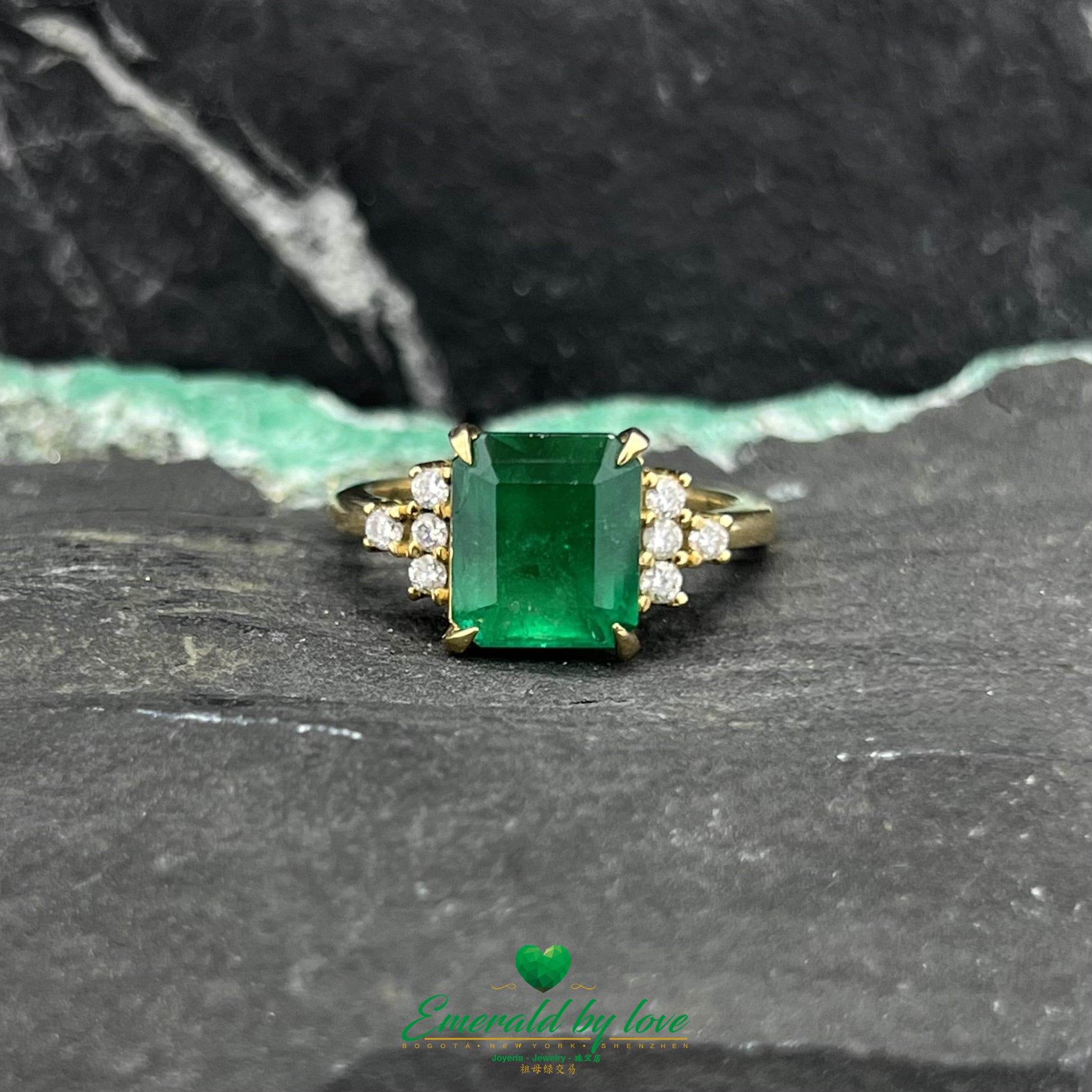 Majestic Yellow Gold Ring with 3.4 ct Square Emerald and Diamond Accents