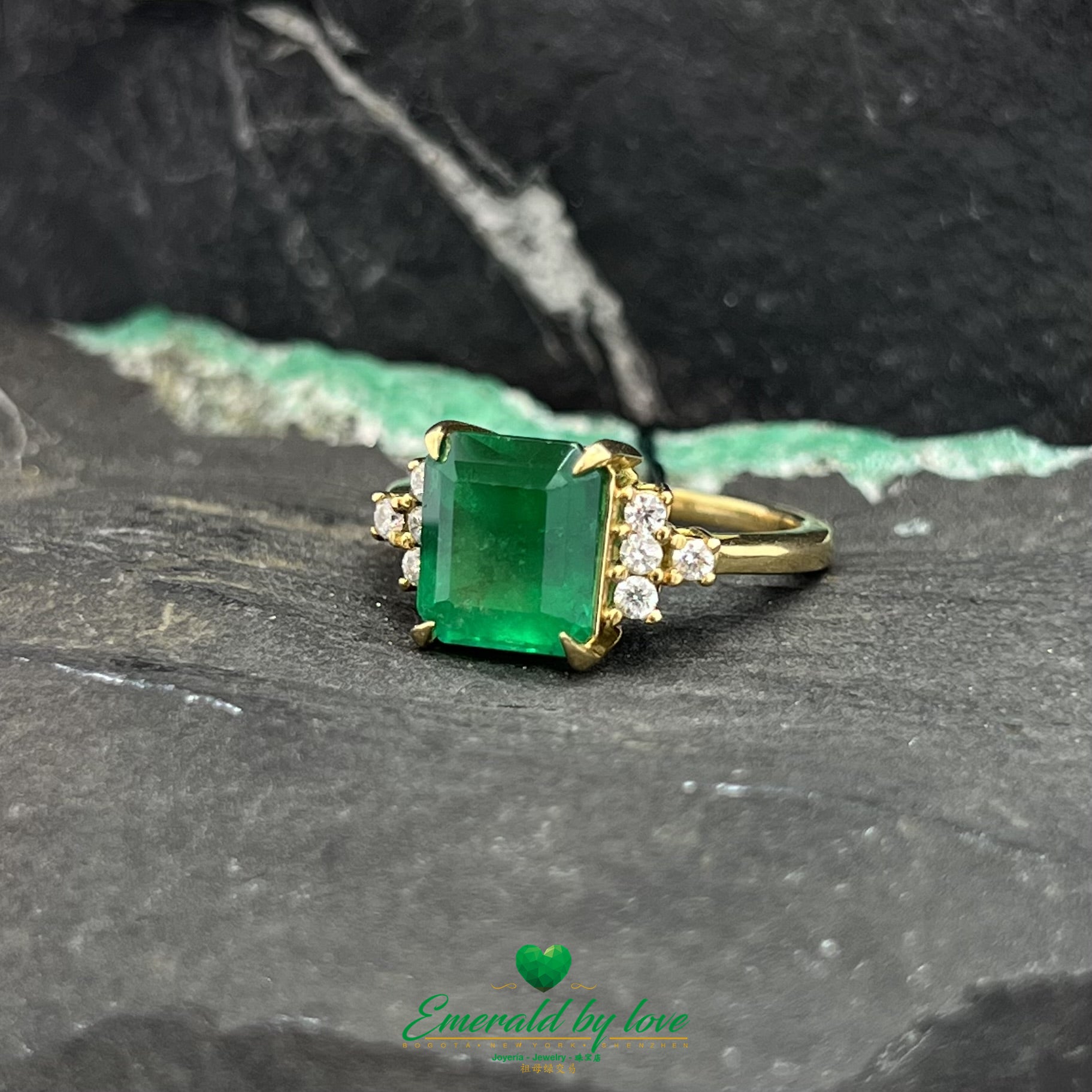 Majestic Yellow Gold Ring with 3.4 ct Square Emerald and Diamond Accents