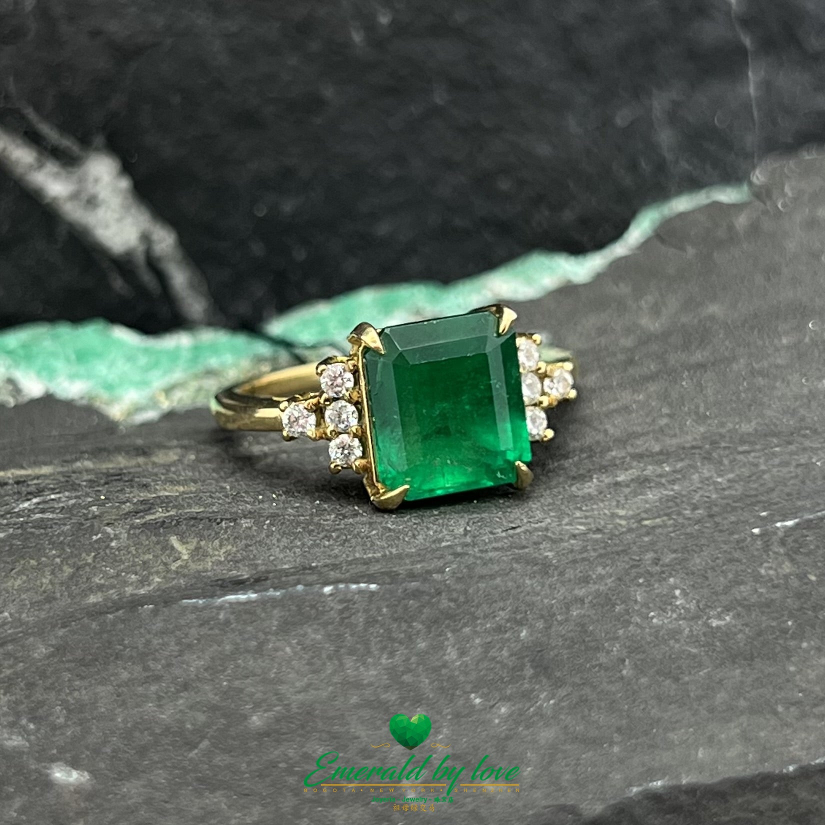 Majestic Yellow Gold Ring with 3.4 ct Square Emerald and Diamond Accents