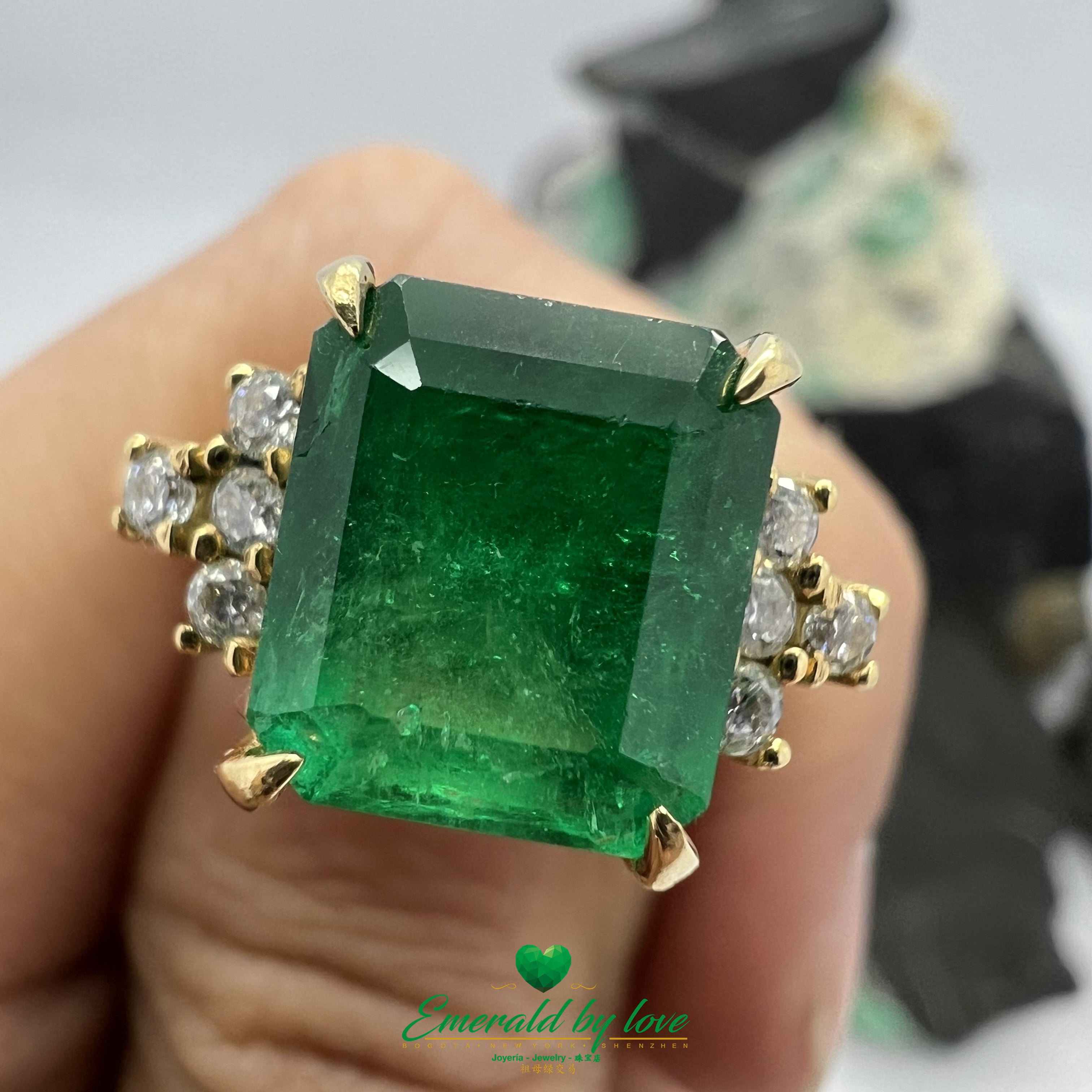 Majestic Yellow Gold Ring with 3.4 ct Square Emerald and Diamond Accents