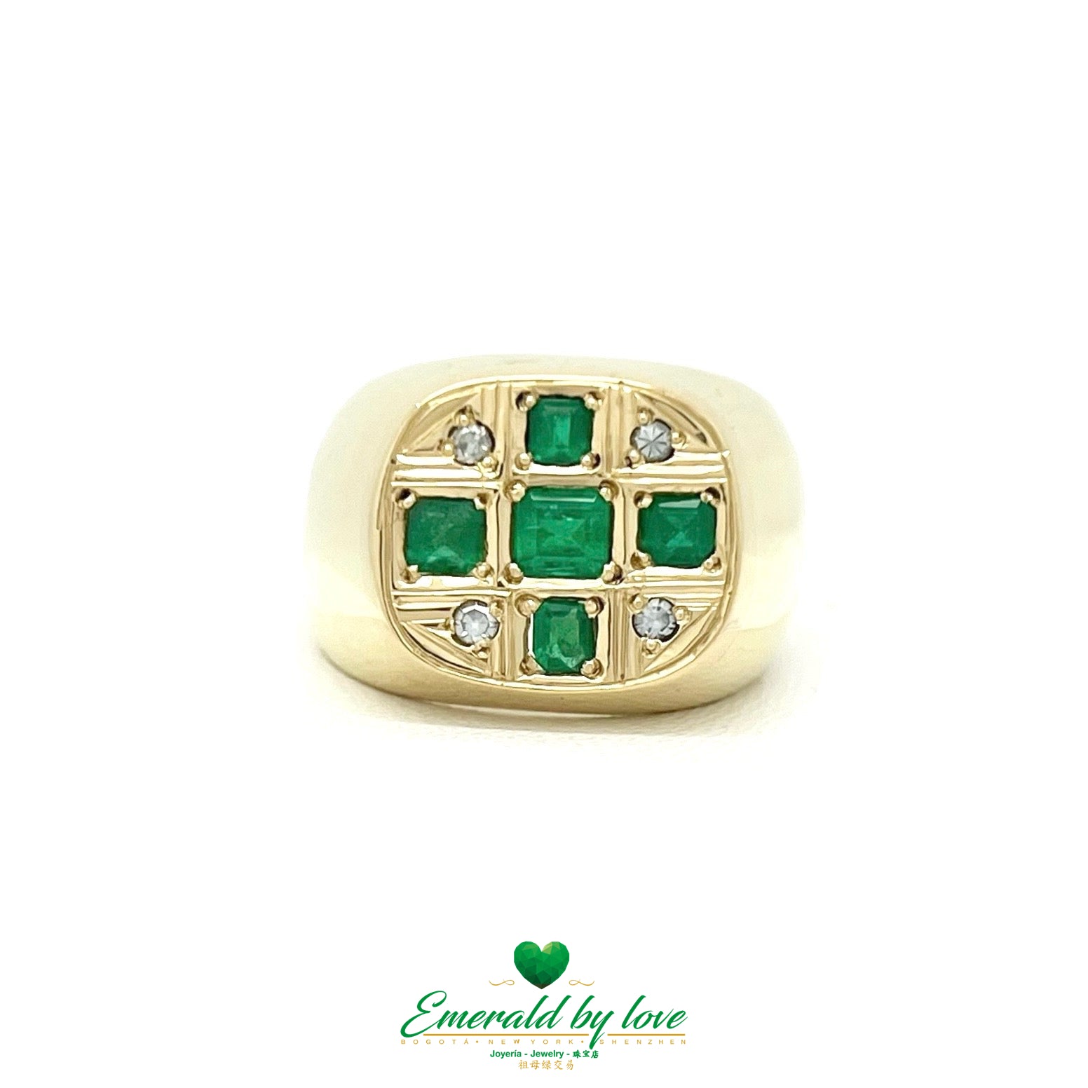 Luxurious Men's Yellow Gold Ring with Emerald Cross and Diamond Accents