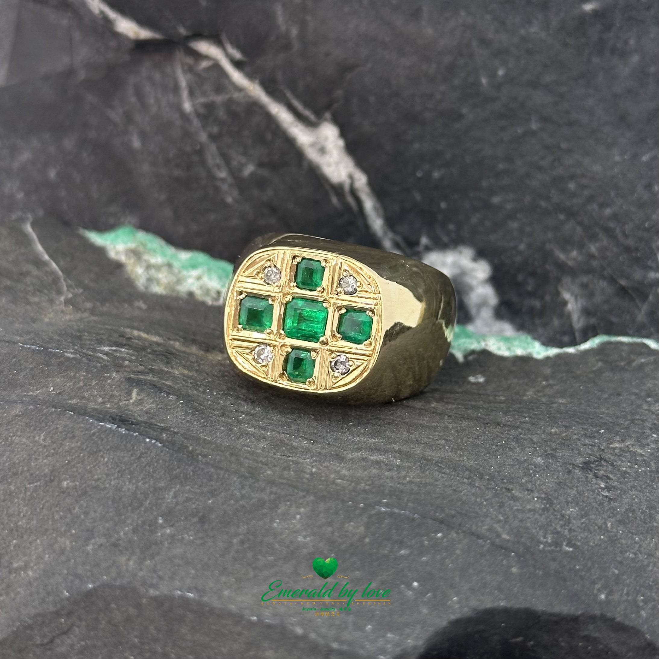 Luxurious Men's Yellow Gold Ring with Emerald Cross and Diamond Accents