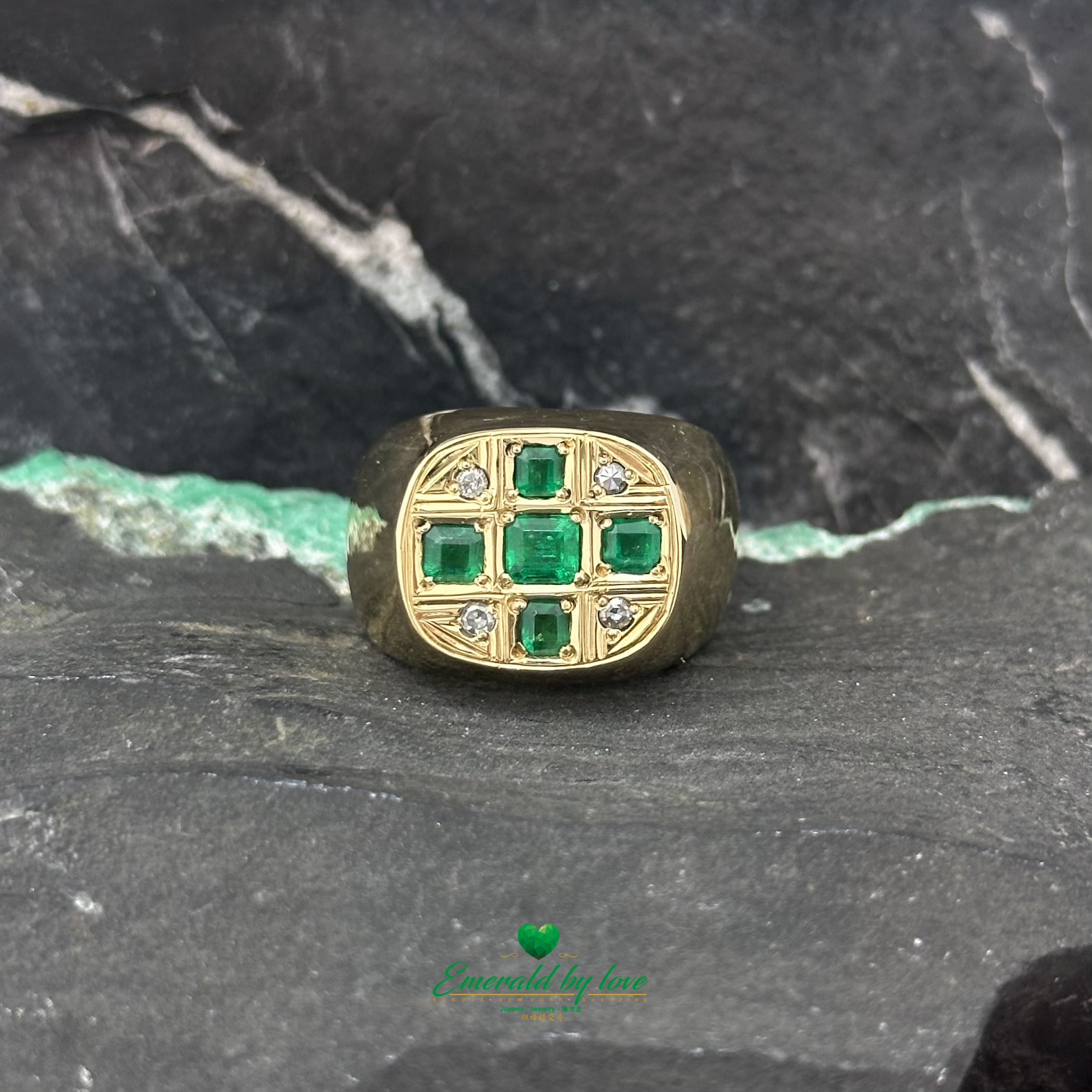 Luxurious Men's Yellow Gold Ring with Emerald Cross and Diamond Accents