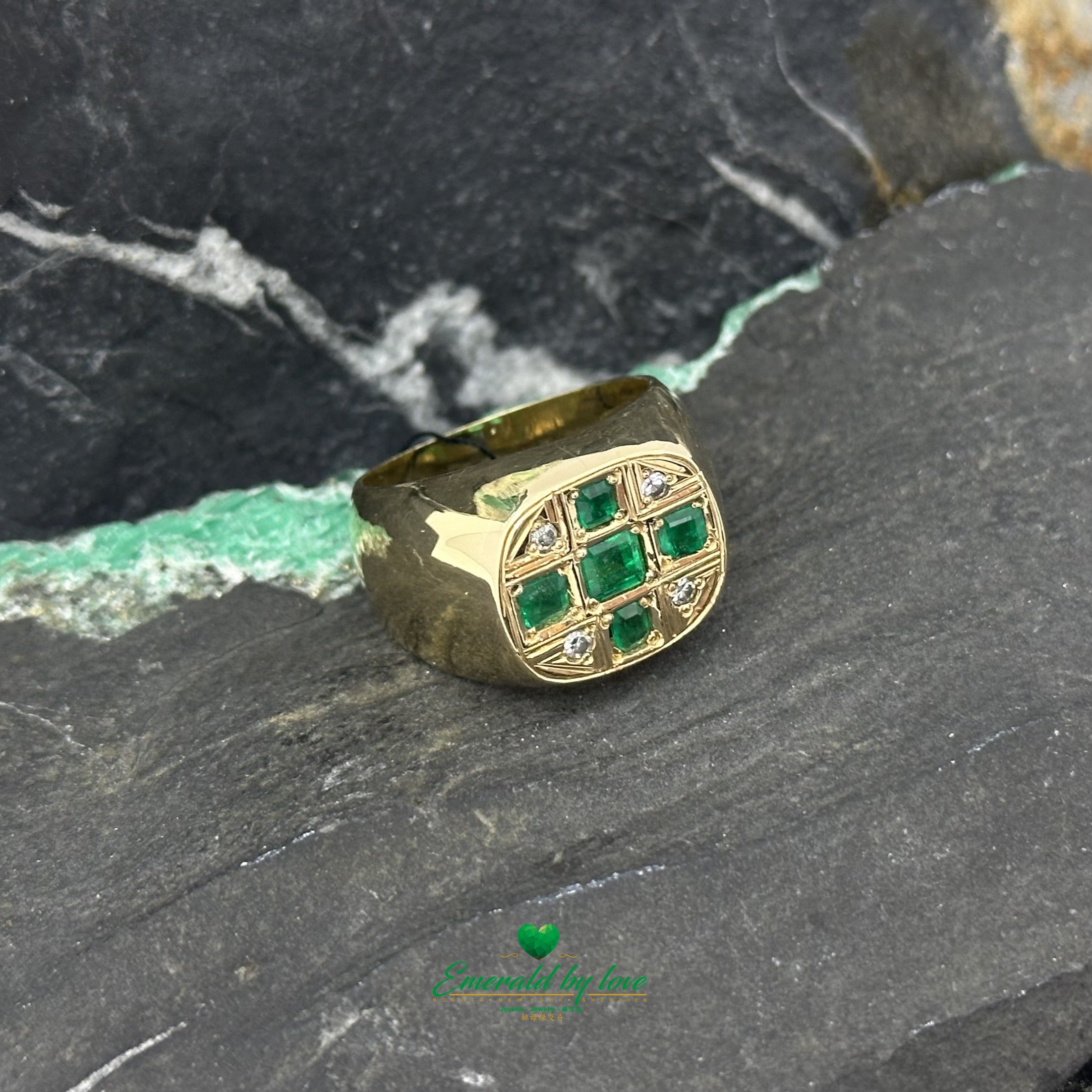 Luxurious Men's Yellow Gold Ring with Emerald Cross and Diamond Accents