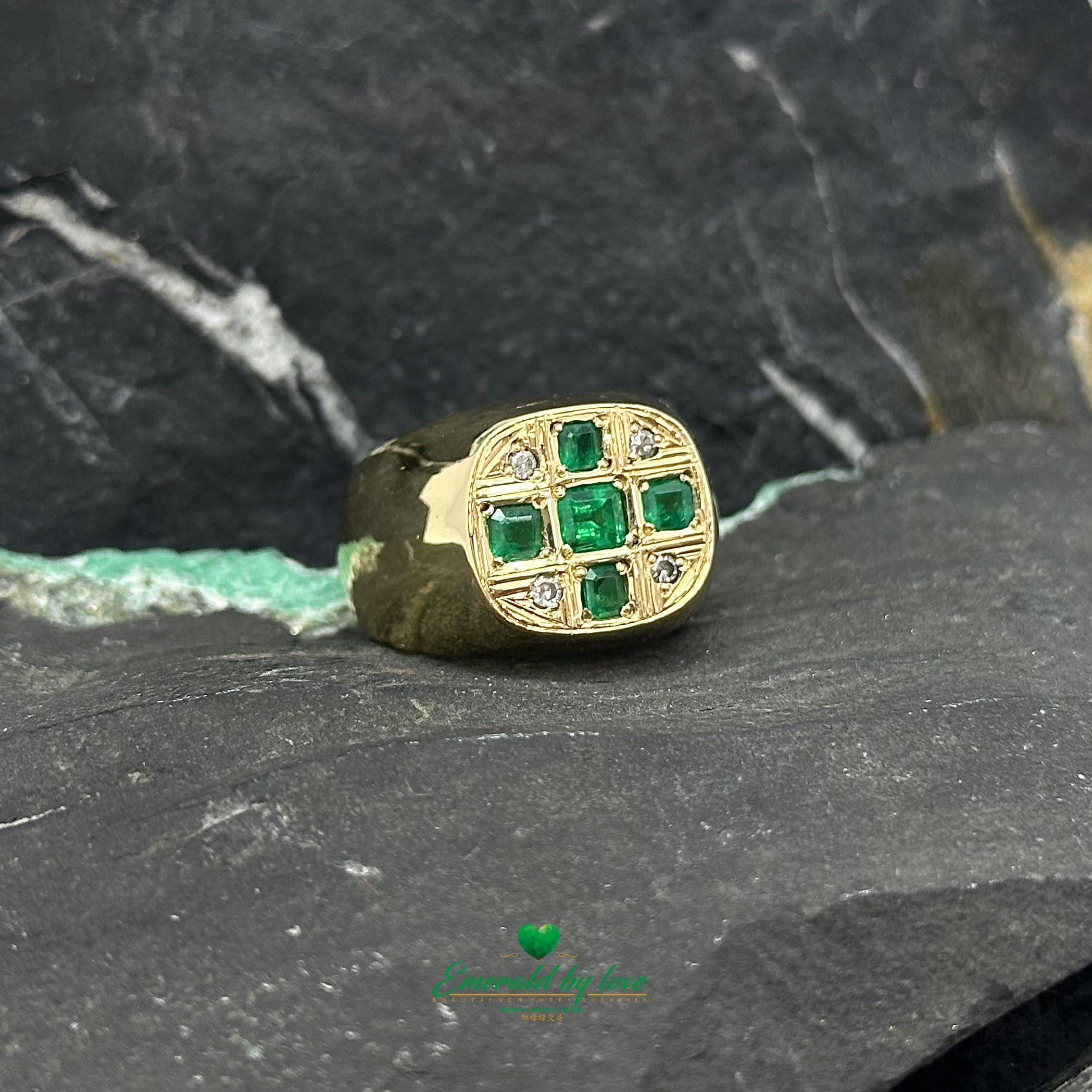 Luxurious Men's Yellow Gold Ring with Emerald Cross and Diamond Accents