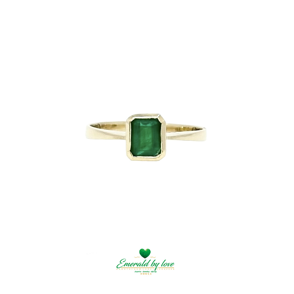 Delicate Yellow Gold Ring with Rectangular Colombian Emerald in Bezel Setting