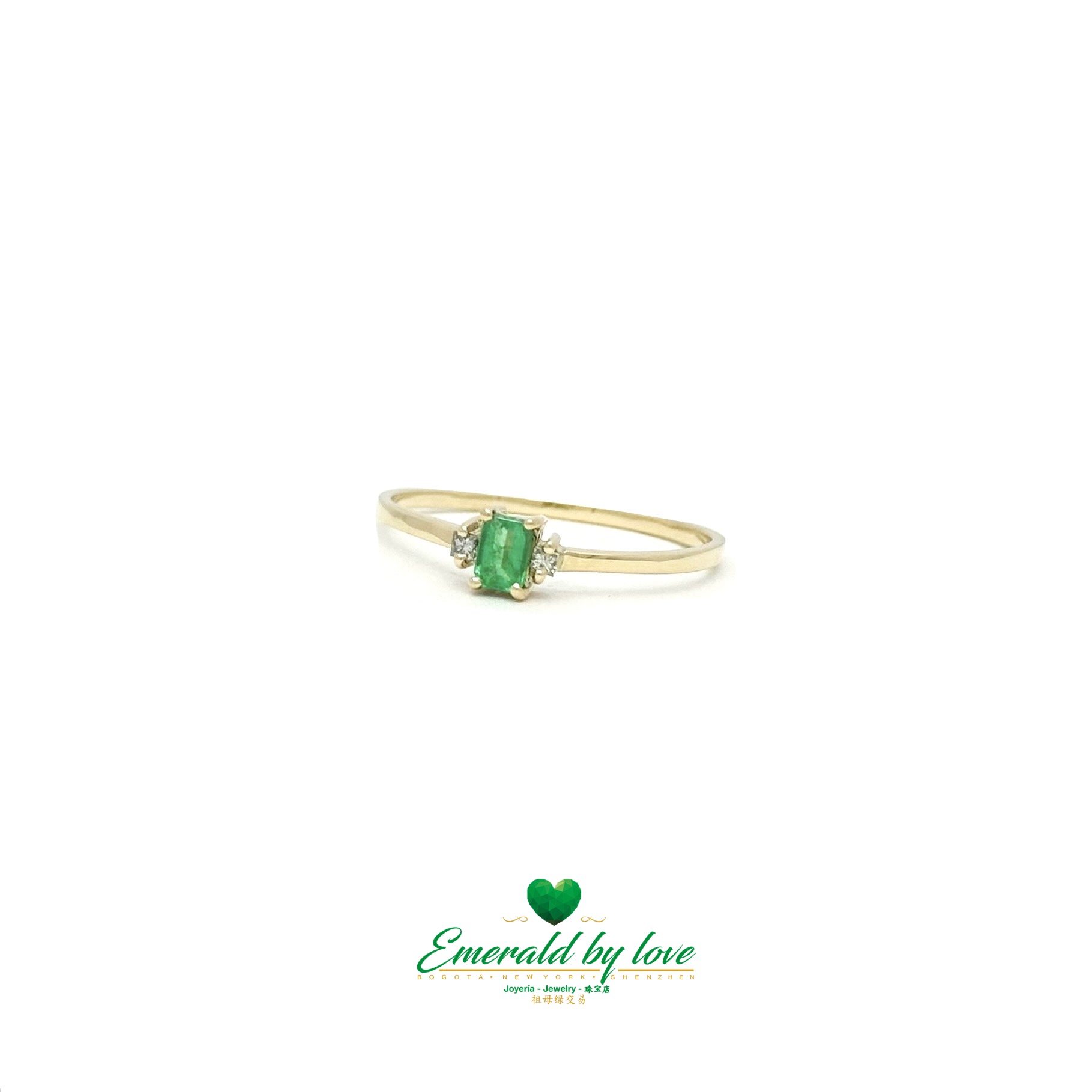 Delicate Thin Ring with Rectangular Emerald and Diamond Accents