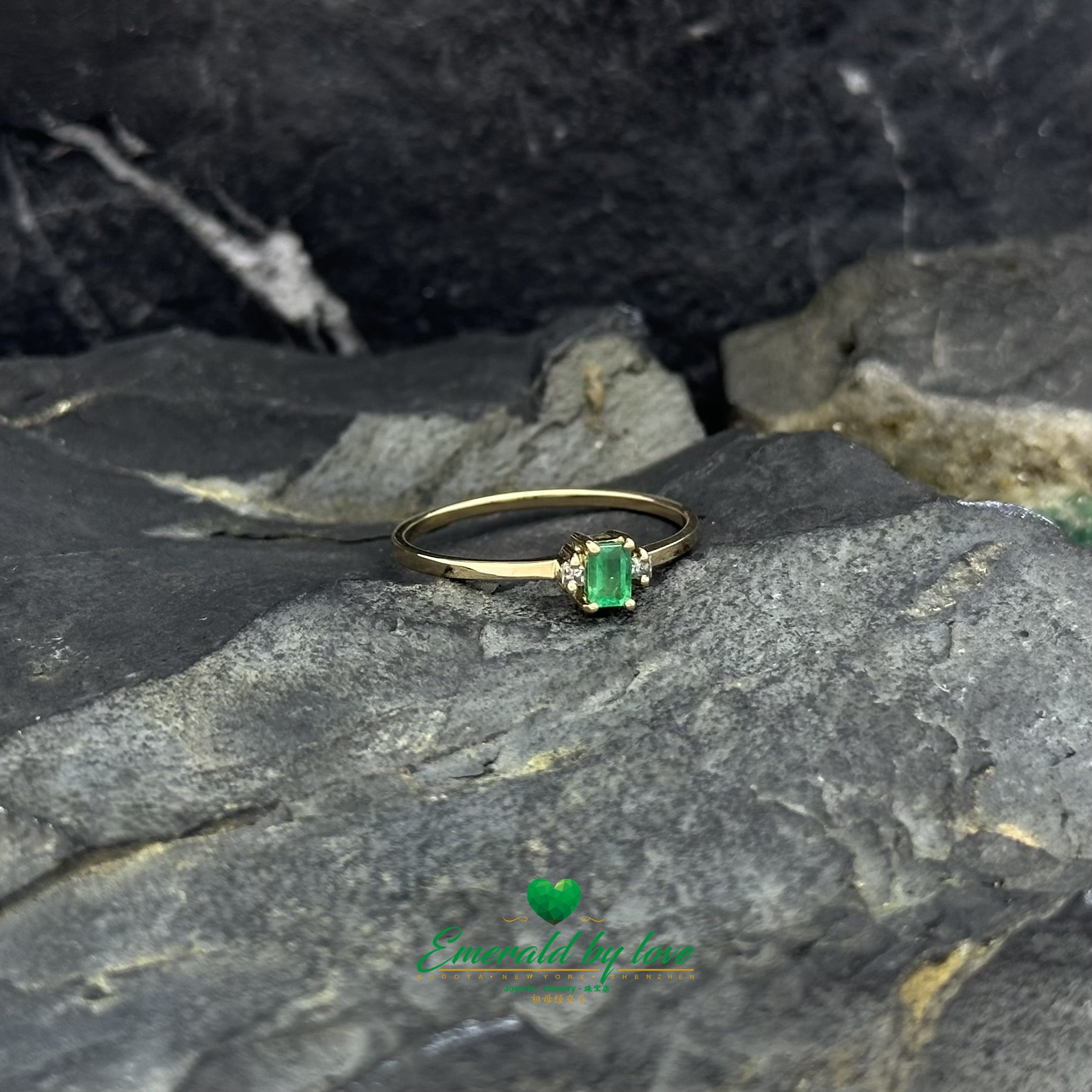 Delicate Thin Ring with Rectangular Emerald and Diamond Accents