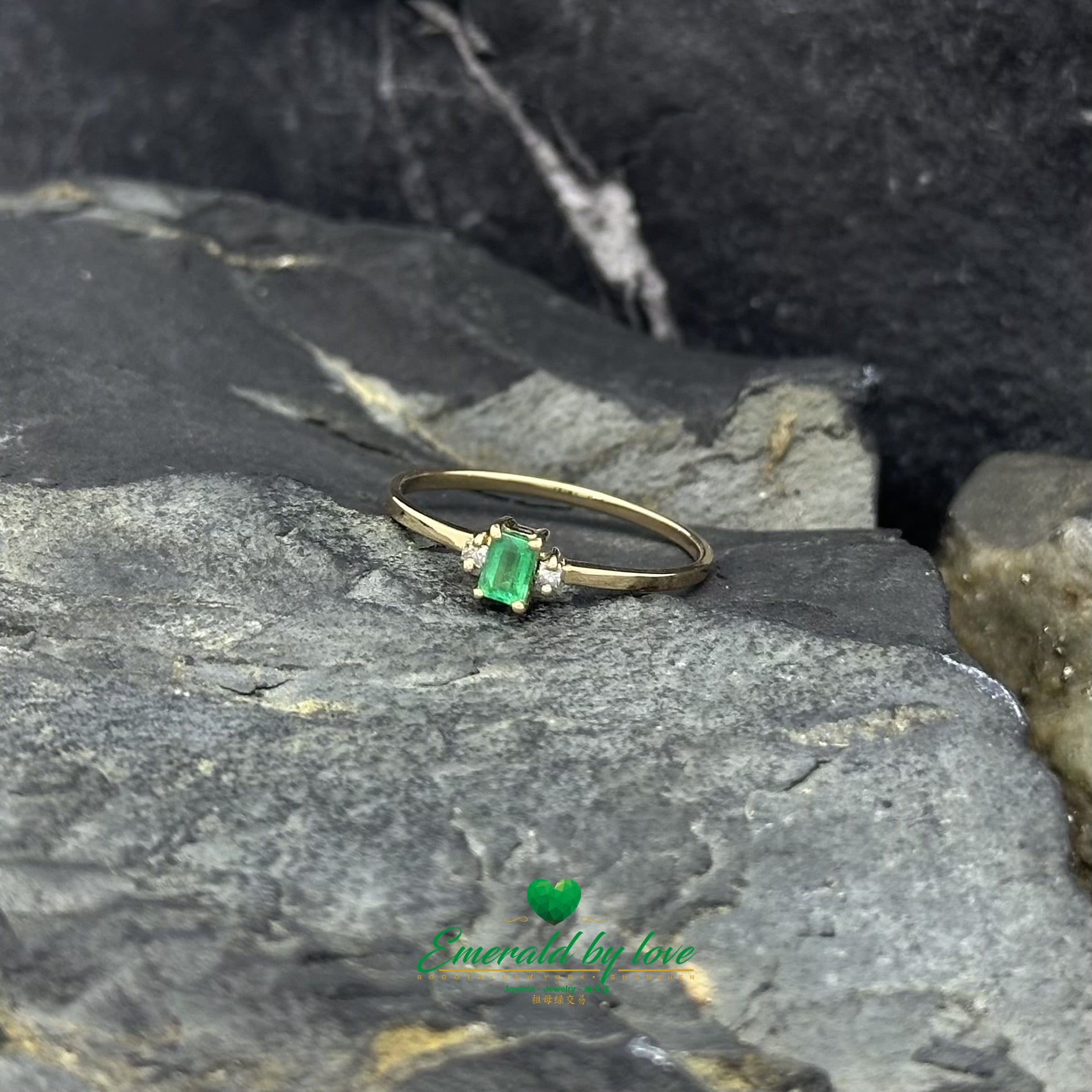 Delicate Thin Ring with Rectangular Emerald and Diamond Accents