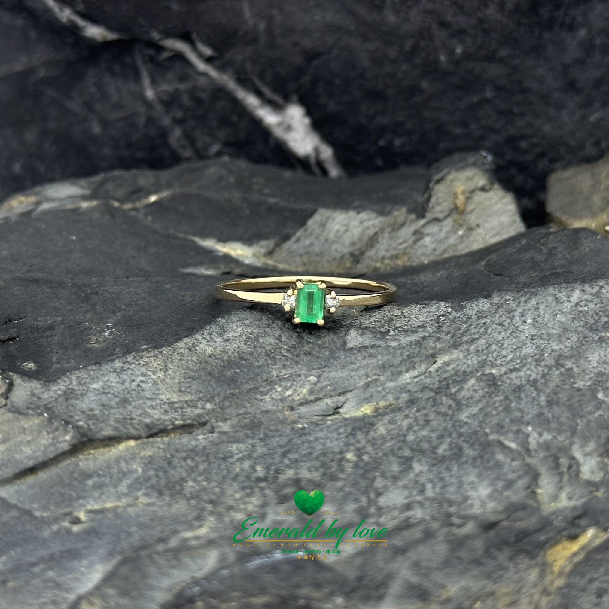 Delicate Thin Ring with Rectangular Emerald and Diamond Accents