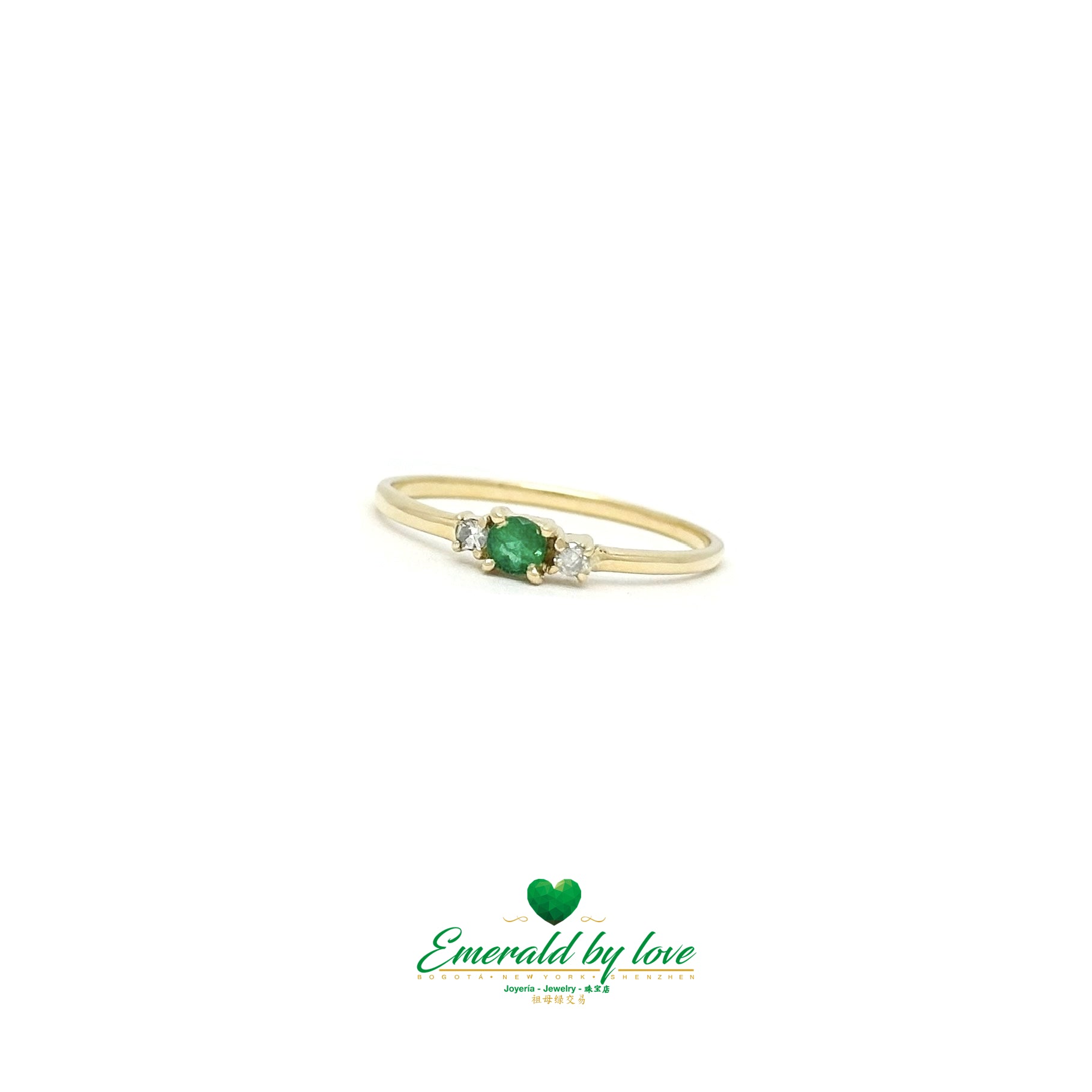 Slim Delicate Ring with Central Round Emerald and Diamond Accents