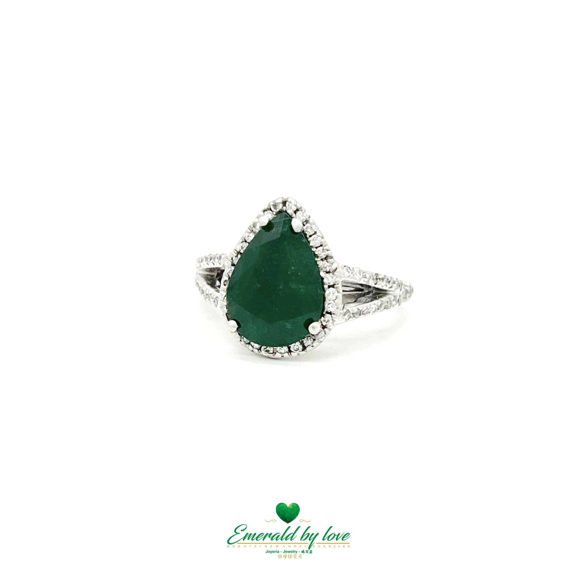 White Gold Ring with Dark Green Emerald Surrounded by Diamonds