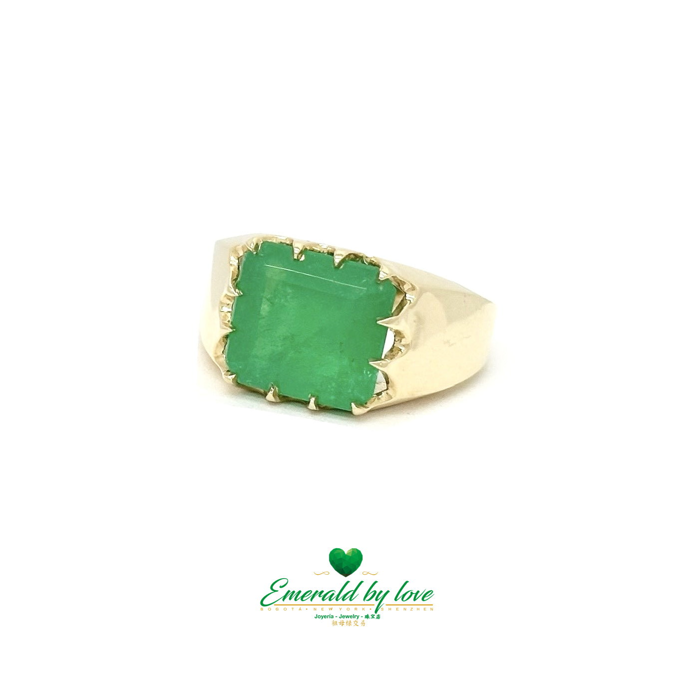 Unisex Yellow Gold Ring with Large Rectangular Emerald in Multi-Prong Setting