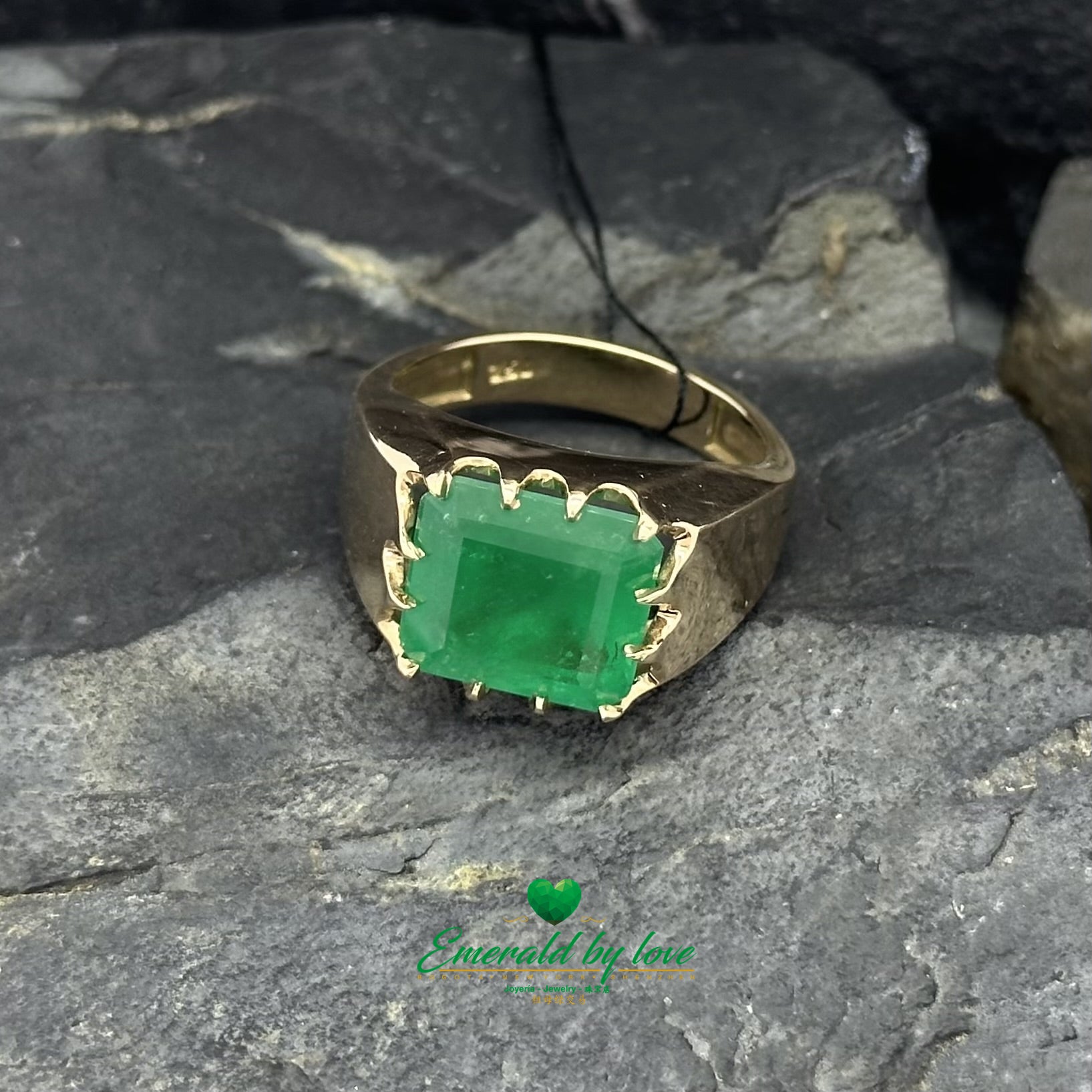 Unisex Yellow Gold Ring with Large Rectangular Emerald in Multi-Prong Setting