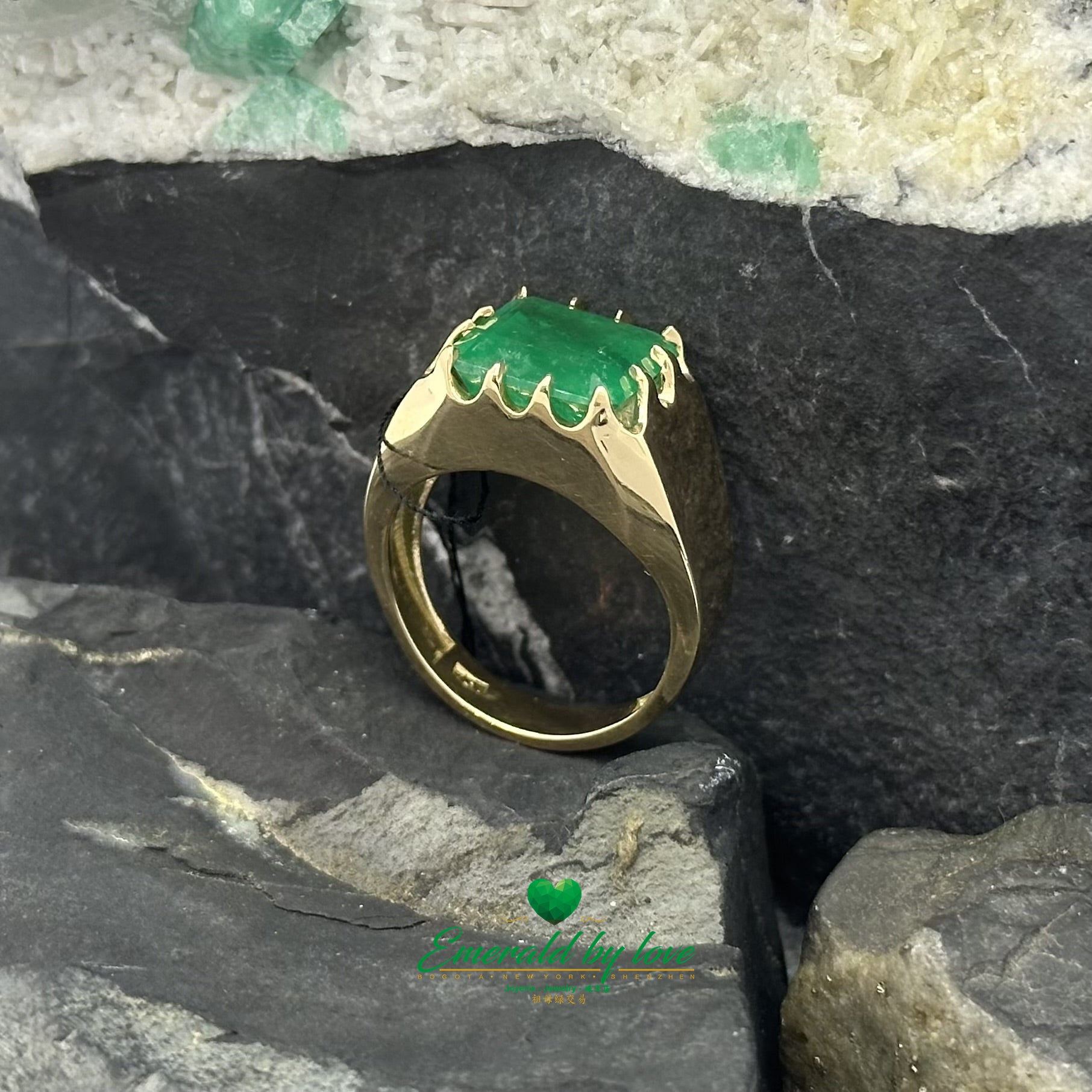 Unisex Yellow Gold Ring with Large Rectangular Emerald in Multi-Prong Setting