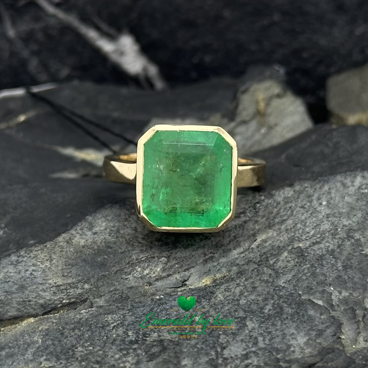 Bold Ring with Large Square Emerald in Bezel Setting