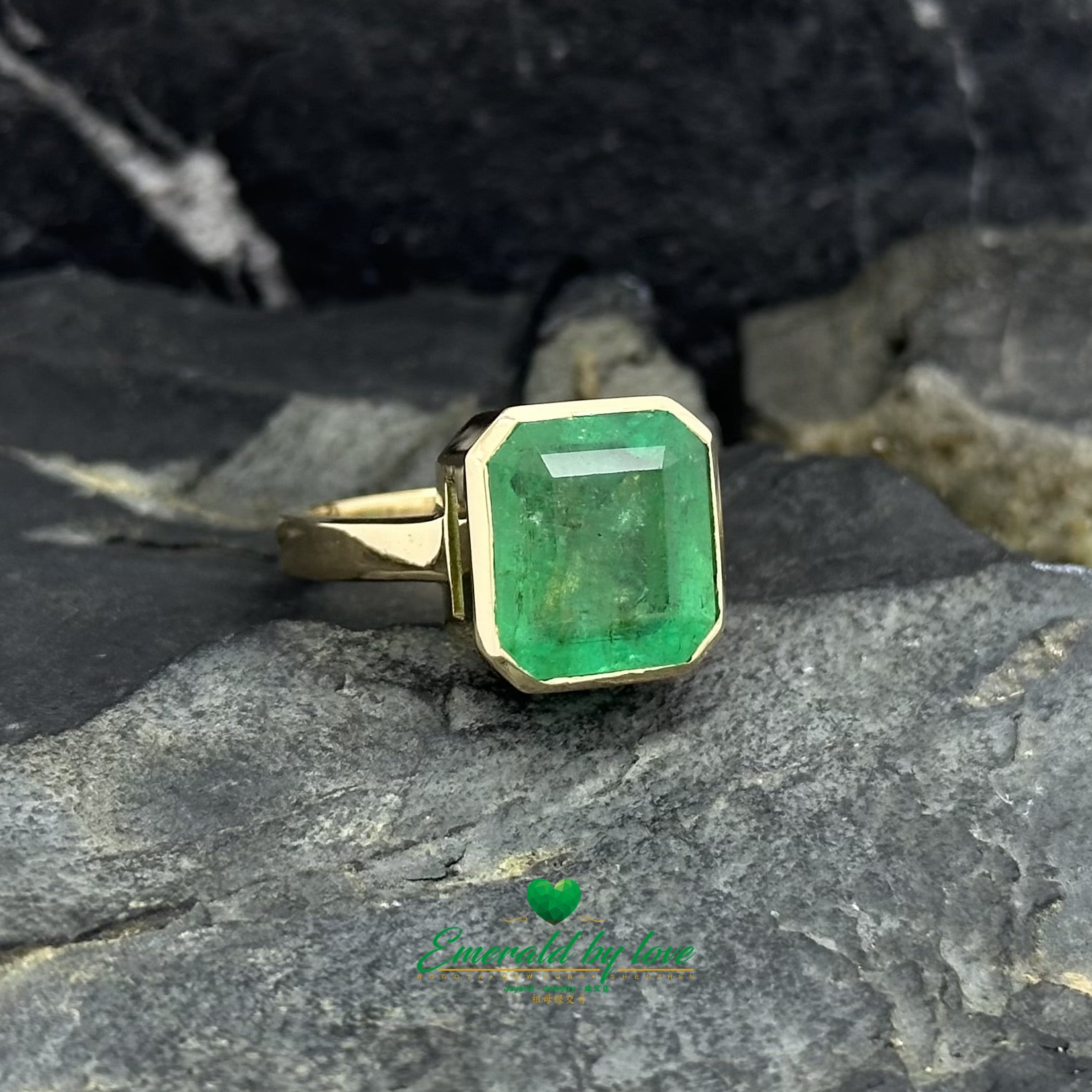 Bold Ring with Large Square Emerald in Bezel Setting