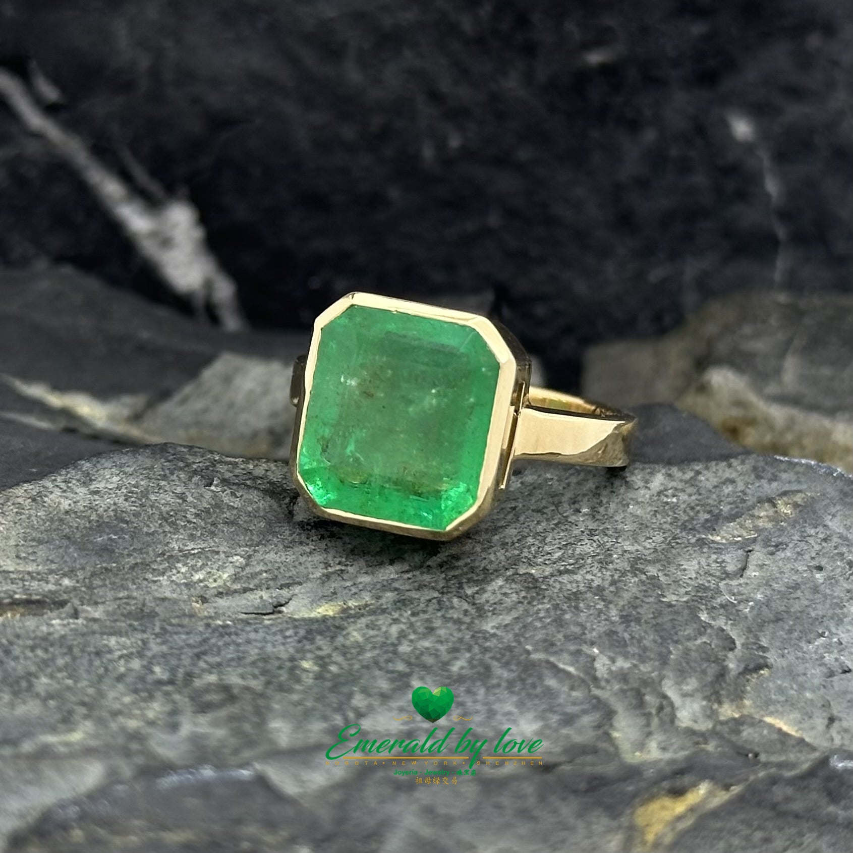 Bold Ring with Large Square Emerald in Bezel Setting