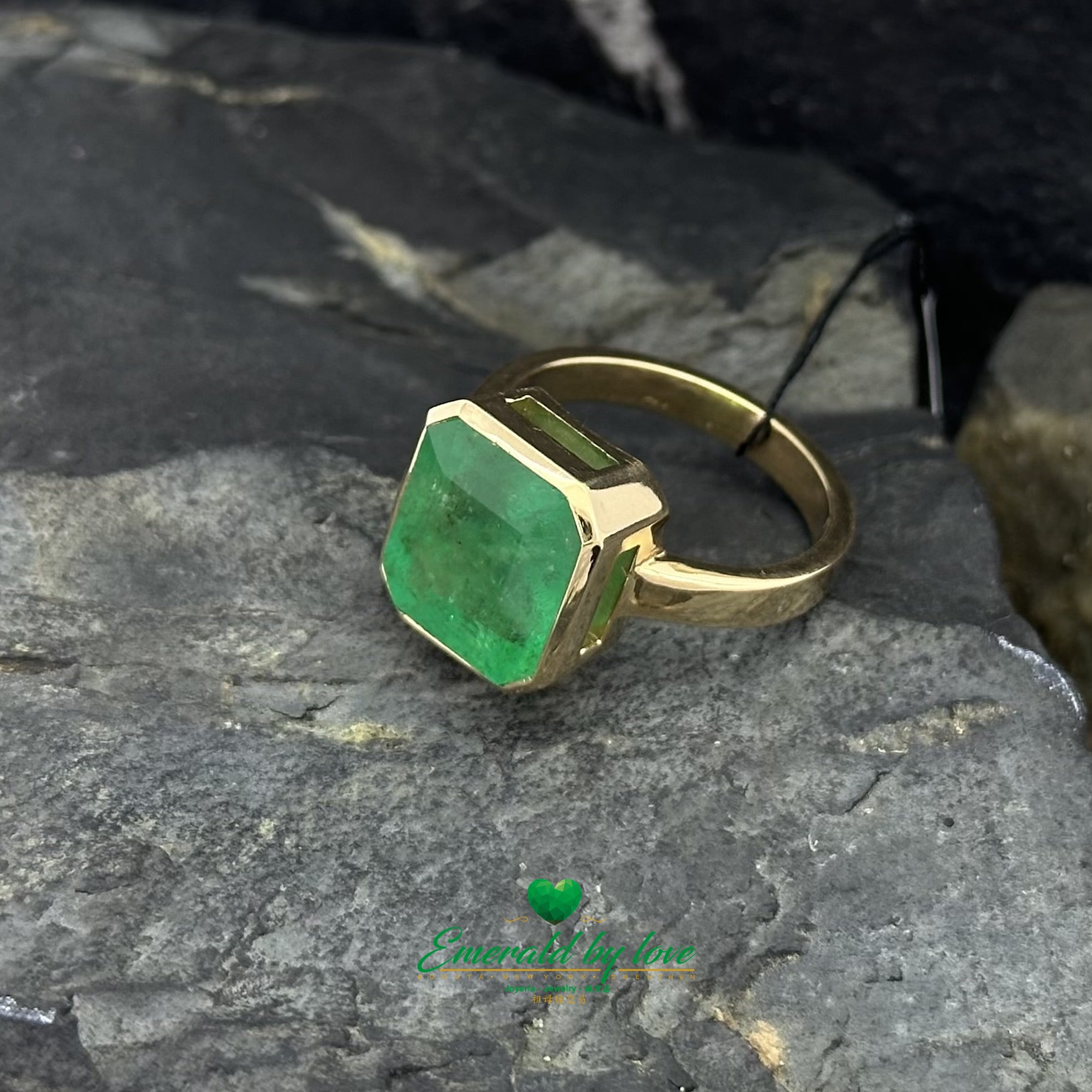 Bold Ring with Large Square Emerald in Bezel Setting