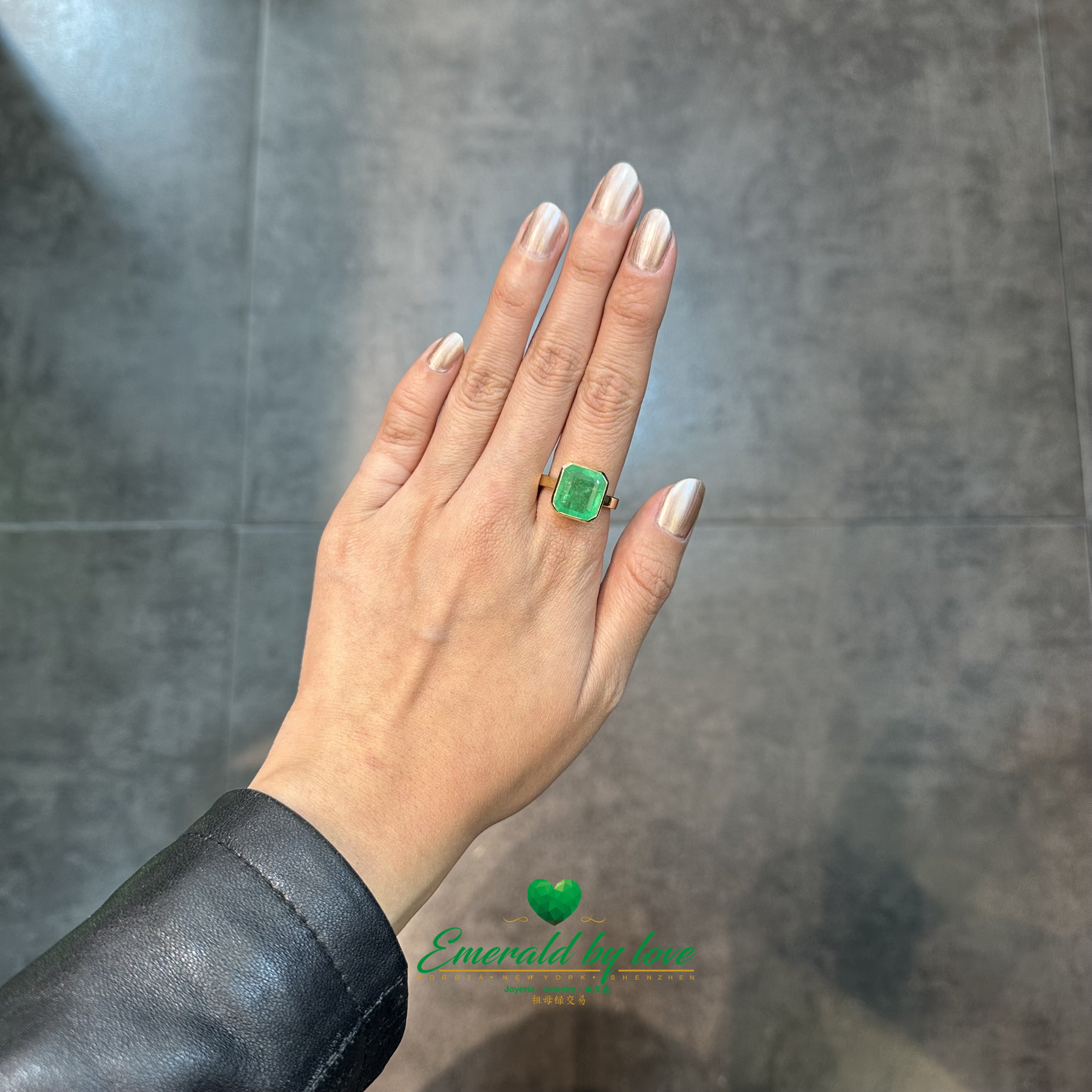 Bold Ring with Large Square Emerald in Bezel Setting