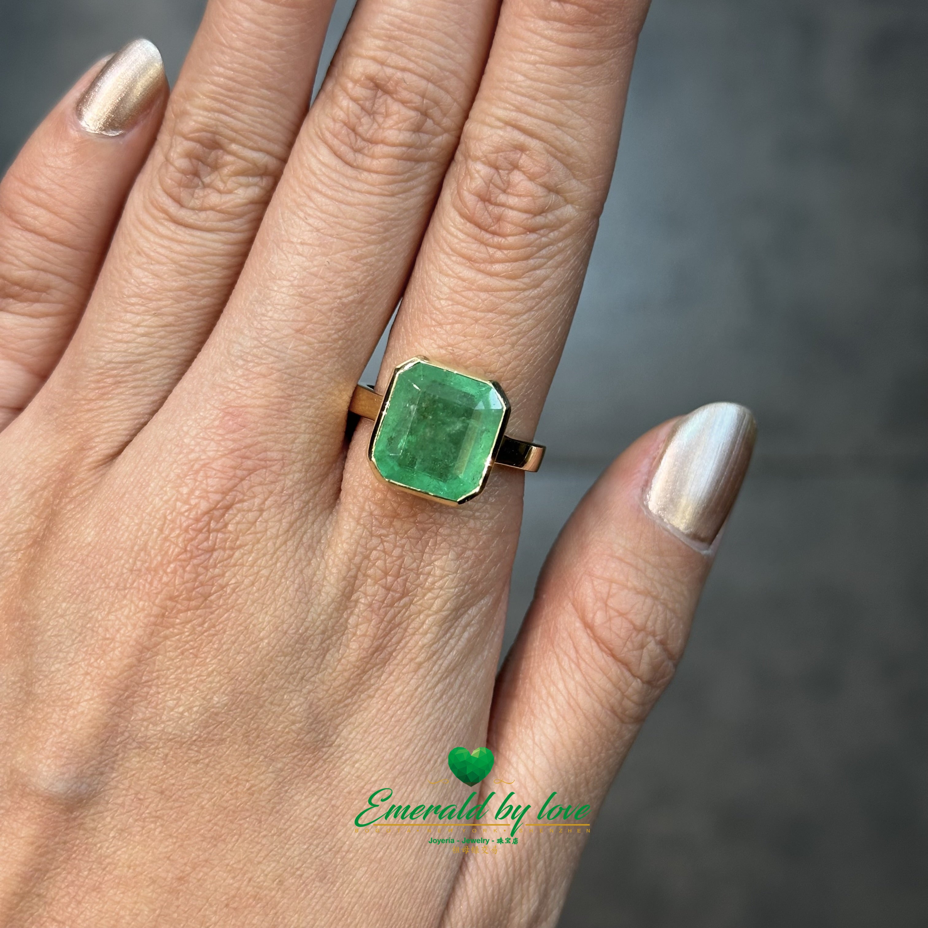 Bold Ring with Large Square Emerald in Bezel Setting