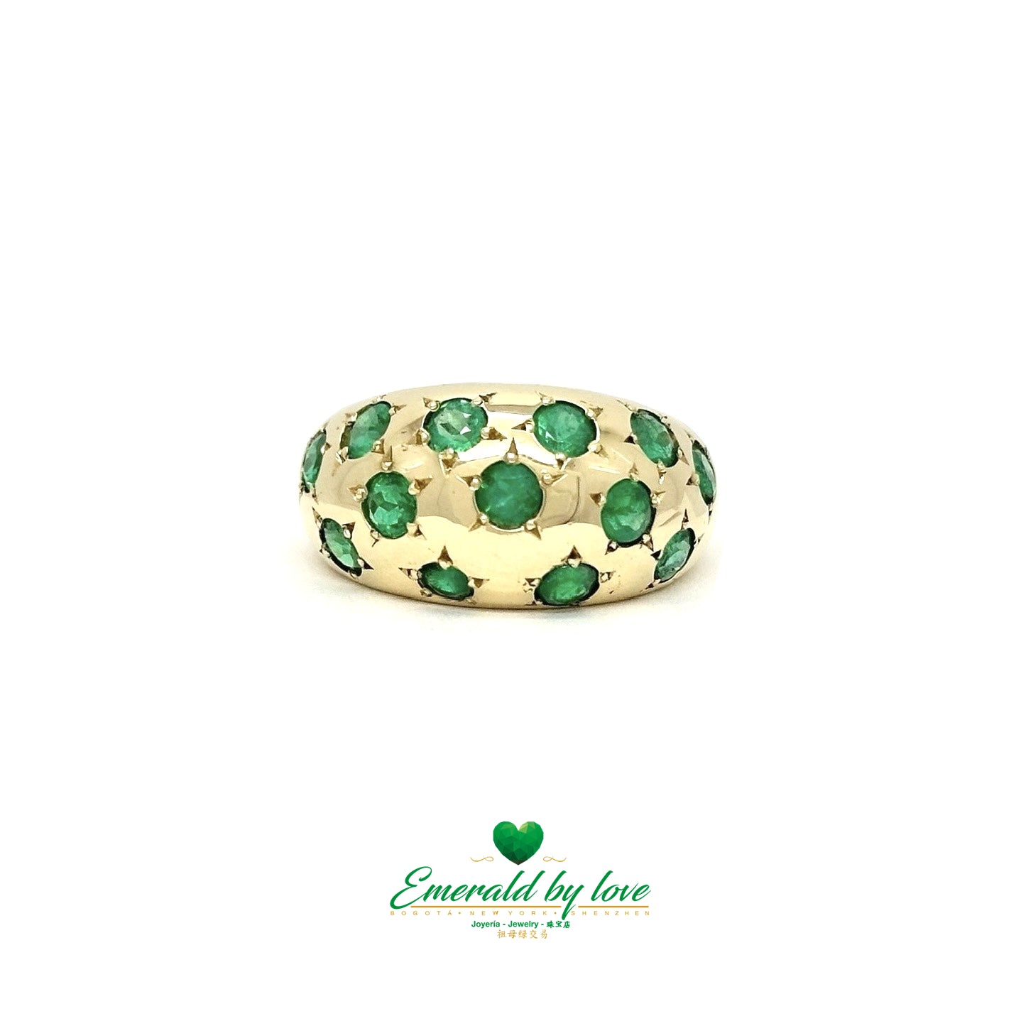 Unisex Wide Band Ring with Inlaid Round Emeralds