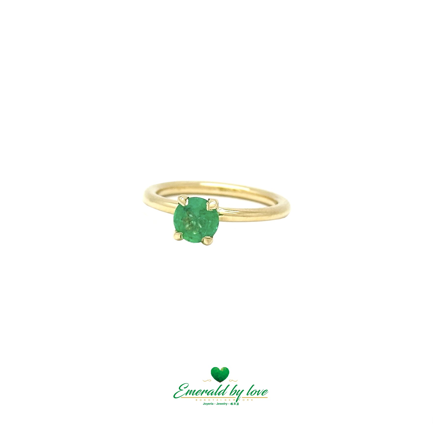 18K Yellow Gold Solitaire Ring with Intense Green Round Emerald