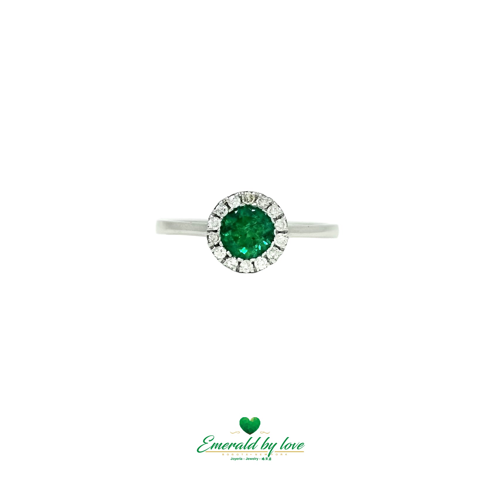 White Gold Cluster Ring with Certified Colombian Emerald and Diamond Halo